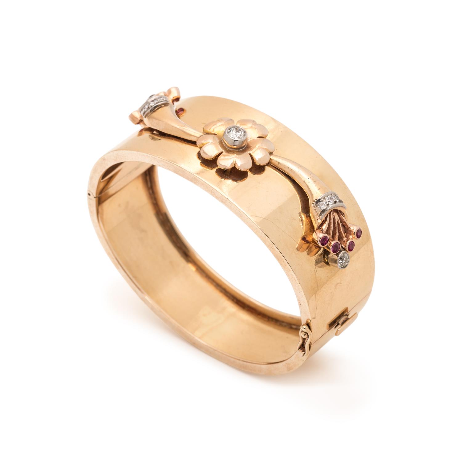 RETRO, ROSE GOLD, DIAMOND AND RUBY BANGLE BRACELET