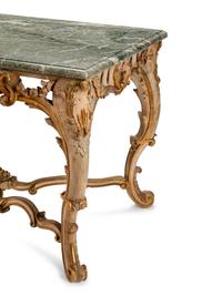A Louis XV Painted and Parcel Gilt Marble-Top Center Table