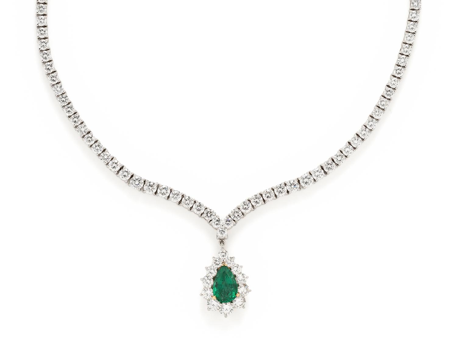 CARTIER, DIAMOND NECKLACE WITH EMERALD PENDANT