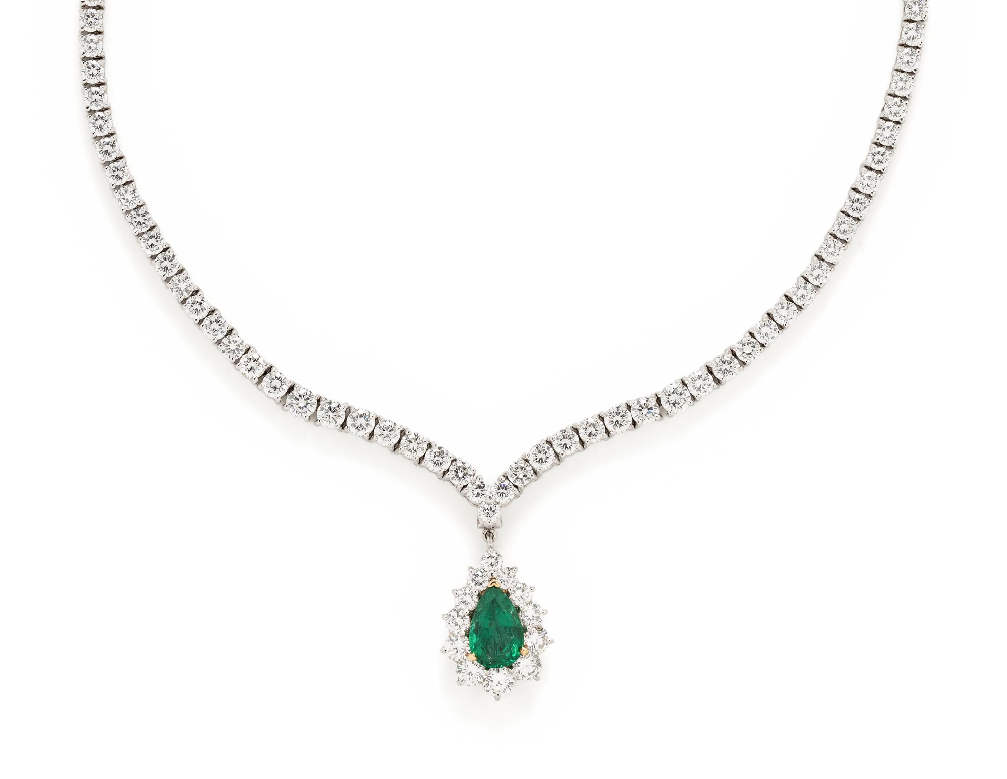 CARTIER, DIAMOND NECKLACE WITH EMERALD PENDANT