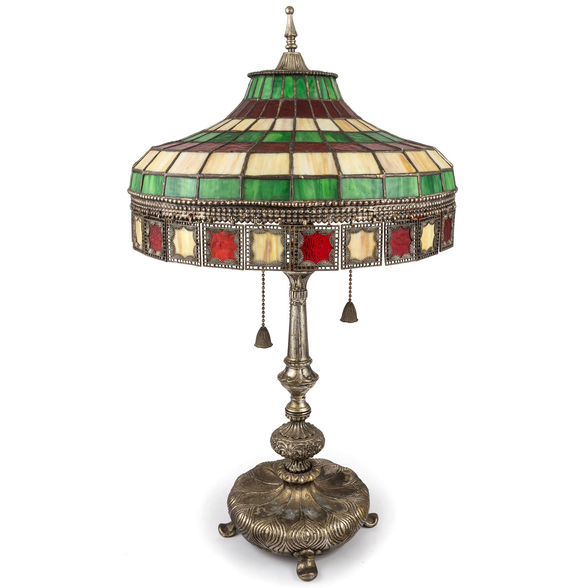 A Leaded Glass and Cast Metal Table Lamp