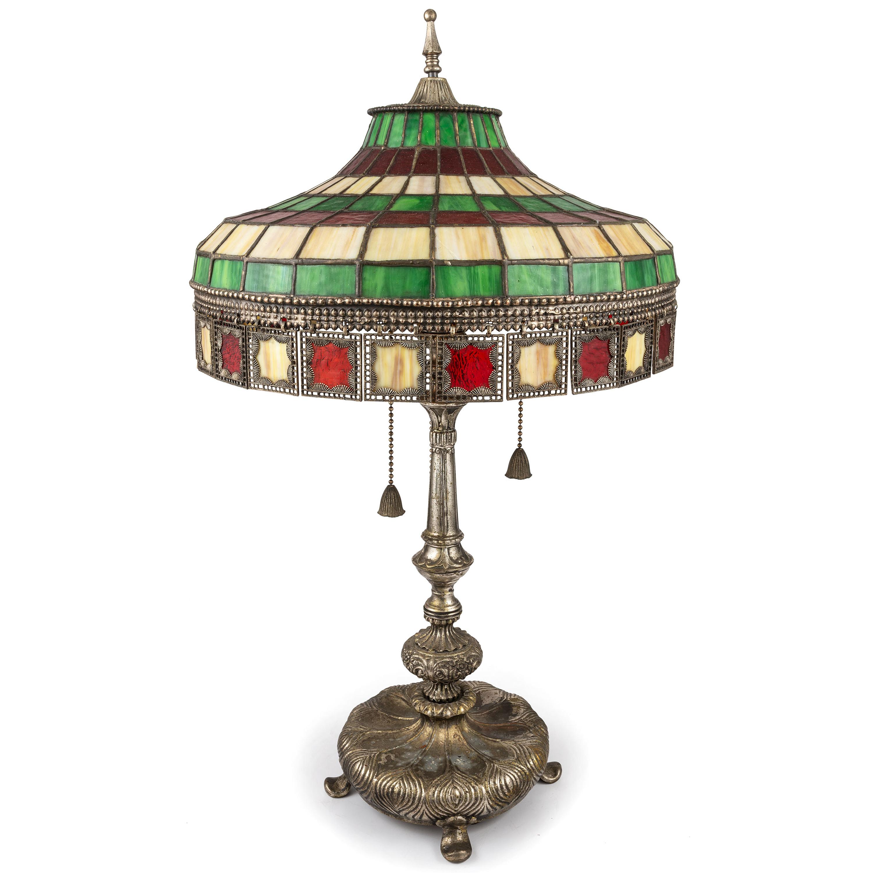 A Leaded Glass and Cast Metal Table Lamp