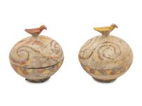 A Pair of Chinese Painted Pottery Round Boxes, together with Two Chinese Painted Pottery Vessels