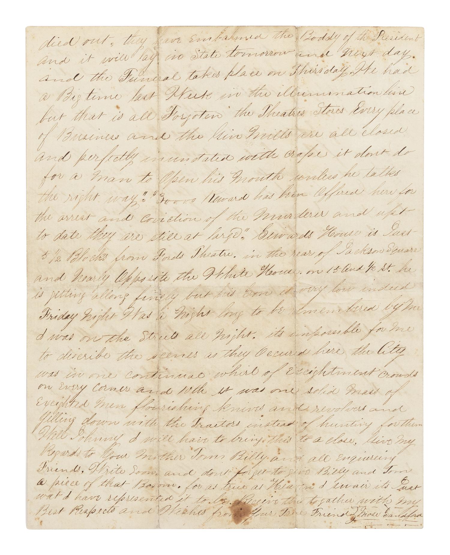 [LINCOLN ASSASSINATION]. A piece of Abraham Lincoln's shirt worn on the night of his assassination at Ford's Theatre, 14 April 1865; with an autograph letter from War Department employee Mose Sandford with a detailed description of the assassination and its aftermath, 17 April 1865.