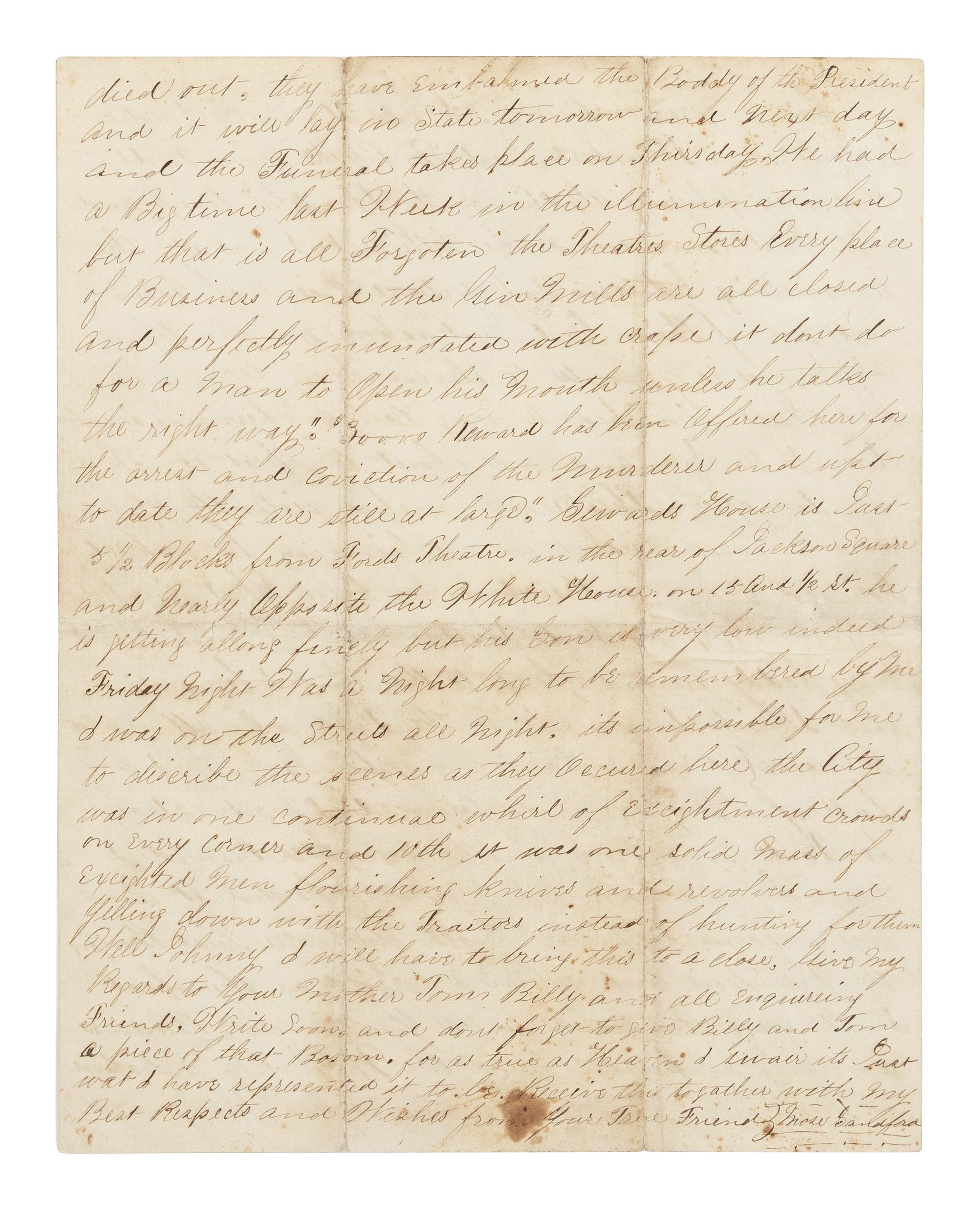 [LINCOLN ASSASSINATION]. A piece of Abraham Lincoln's shirt worn on the night of his assassination at Ford's Theatre, 14 April 1865; with an autograph letter from War Department employee Mose Sandford with a detailed description of the assassination and its aftermath, 17 April 1865.
