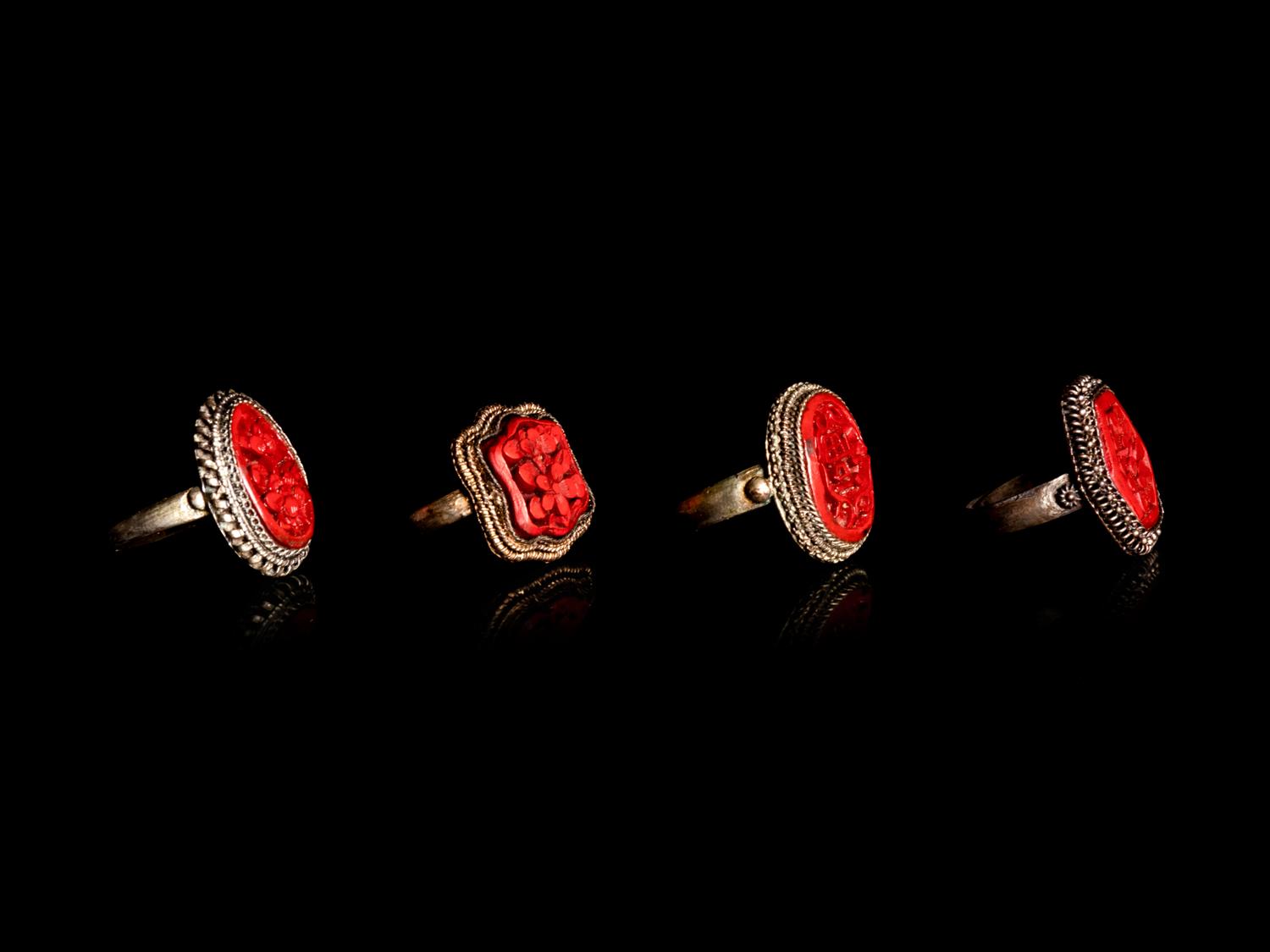 Six Chinese Red Lacquer Inset Metal Jewelry