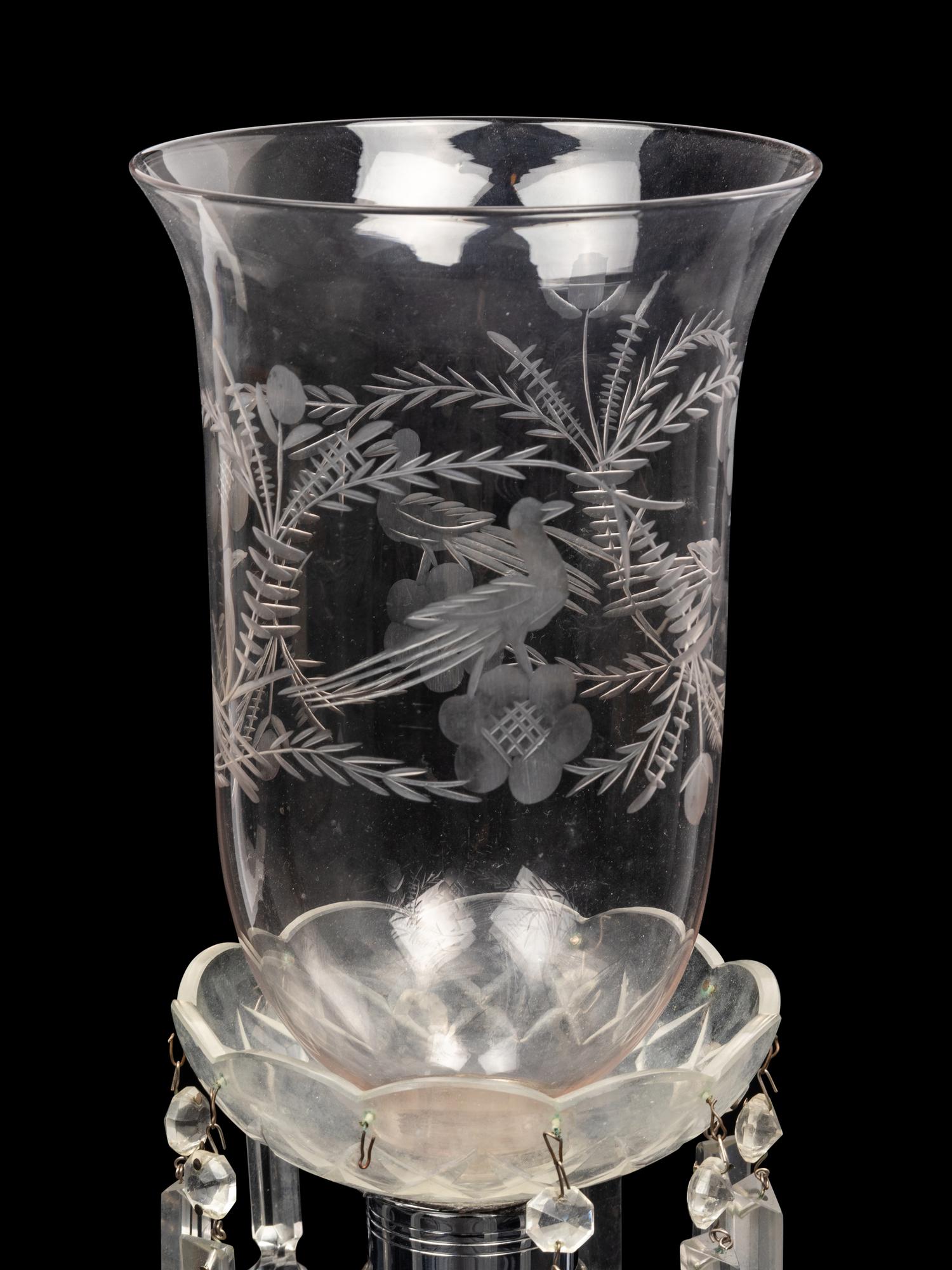 An Irish Cut and Colored Glass Six-Light Candelabrum and an American Silver-Plate Etched and Cut Glass Hurricane Lamp
