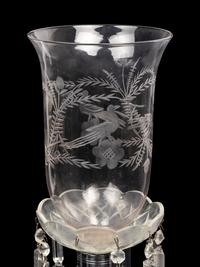 An Irish Cut and Colored Glass Six-Light Candelabrum and an American Silver-Plate Etched and Cut Glass Hurricane Lamp