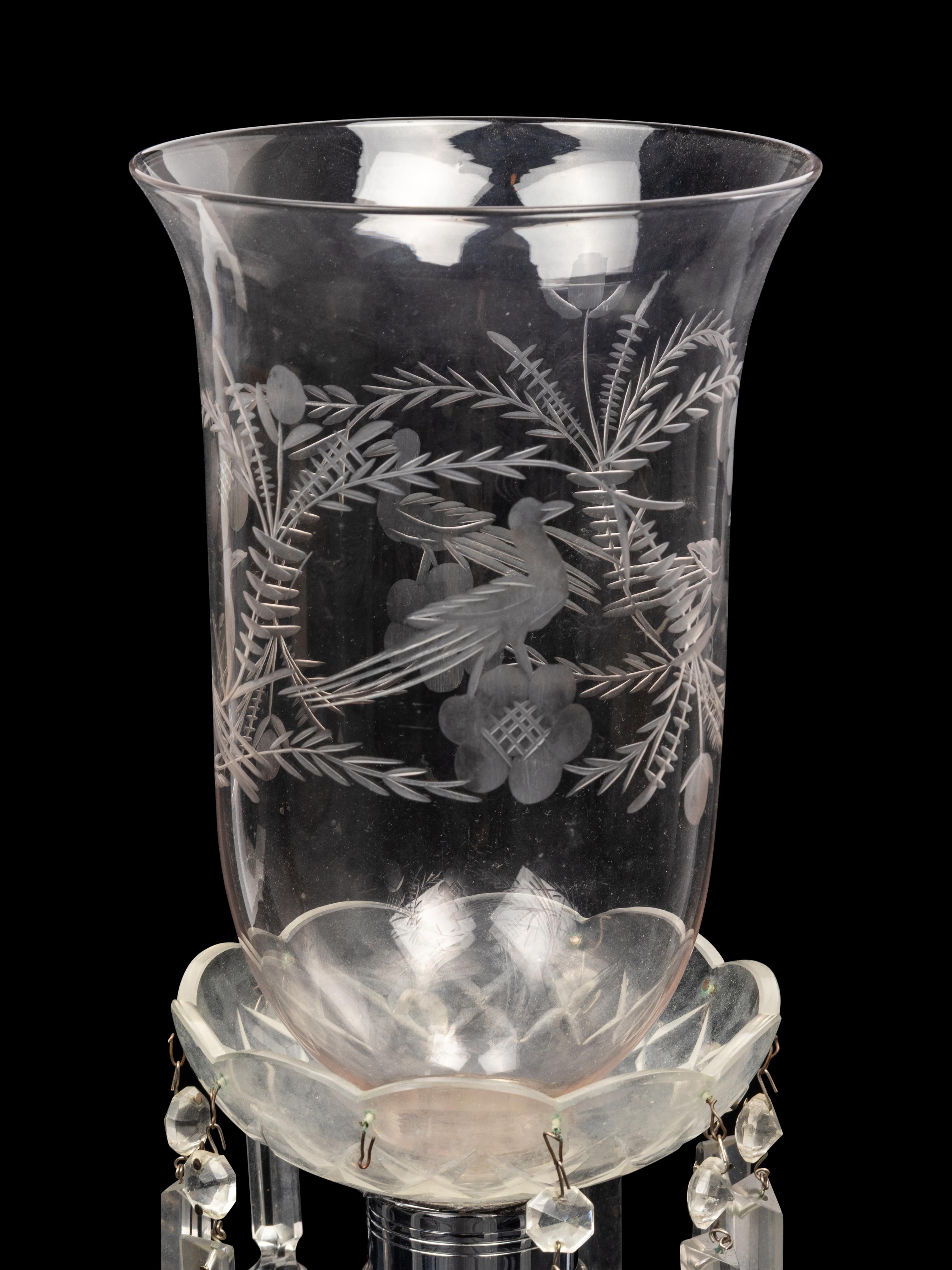 An Irish Cut and Colored Glass Six-Light Candelabrum and an American Silver-Plate Etched and Cut Glass Hurricane Lamp