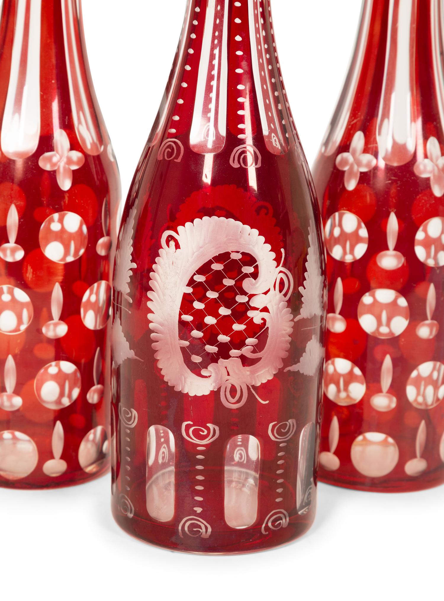 Three Bohemian Ruby-Cut-to-Clear Glass Decanters