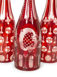 Three Bohemian Ruby-Cut-to-Clear Glass Decanters