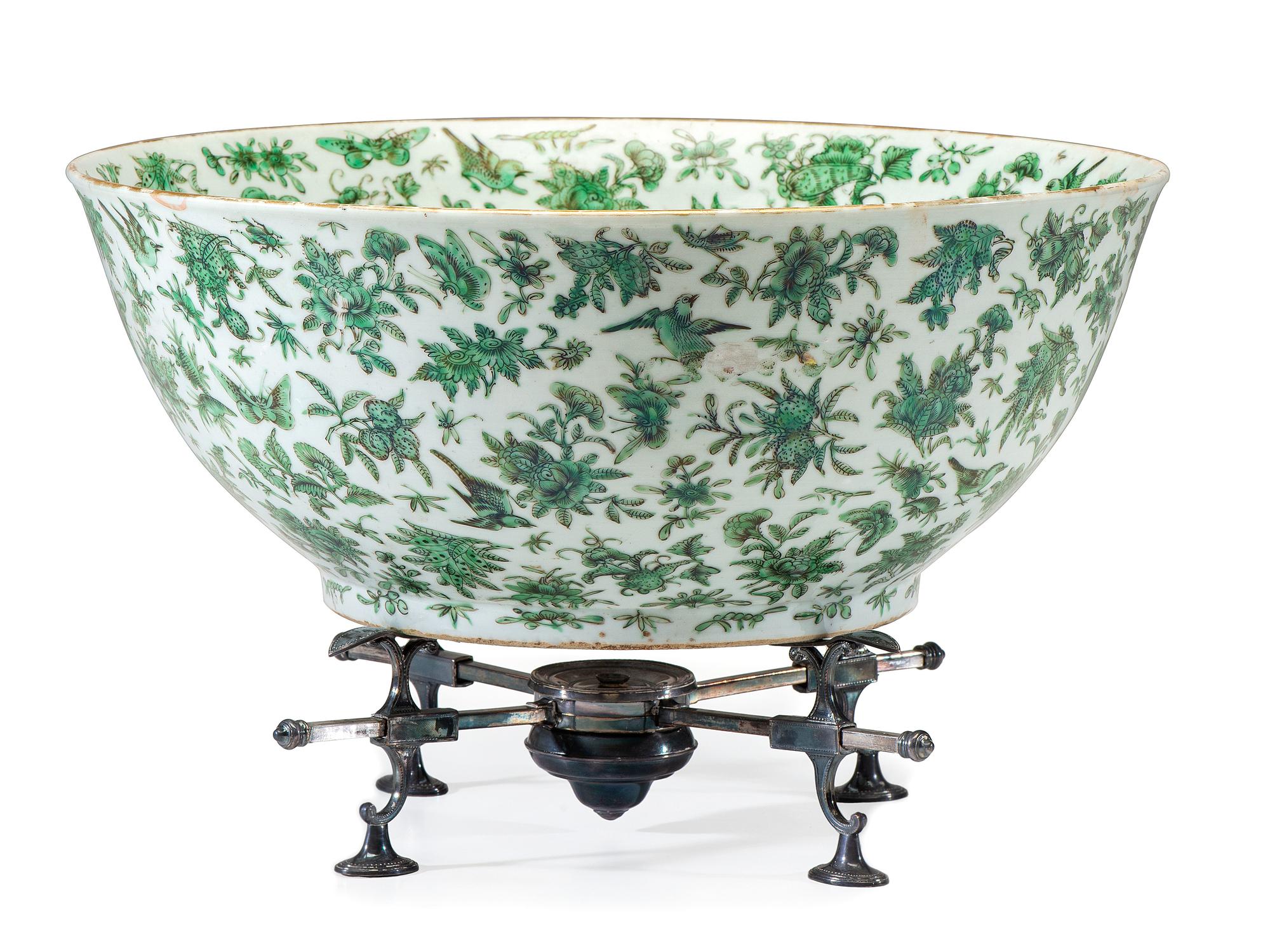 A Chinese Export Green Bird and Butterfly Porcelain Punch Bowl
