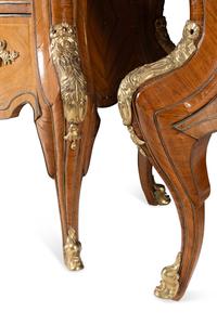 A Pair of Régence Style Gilt Bronze Mounted Tulipwood Marble-Top Commodes