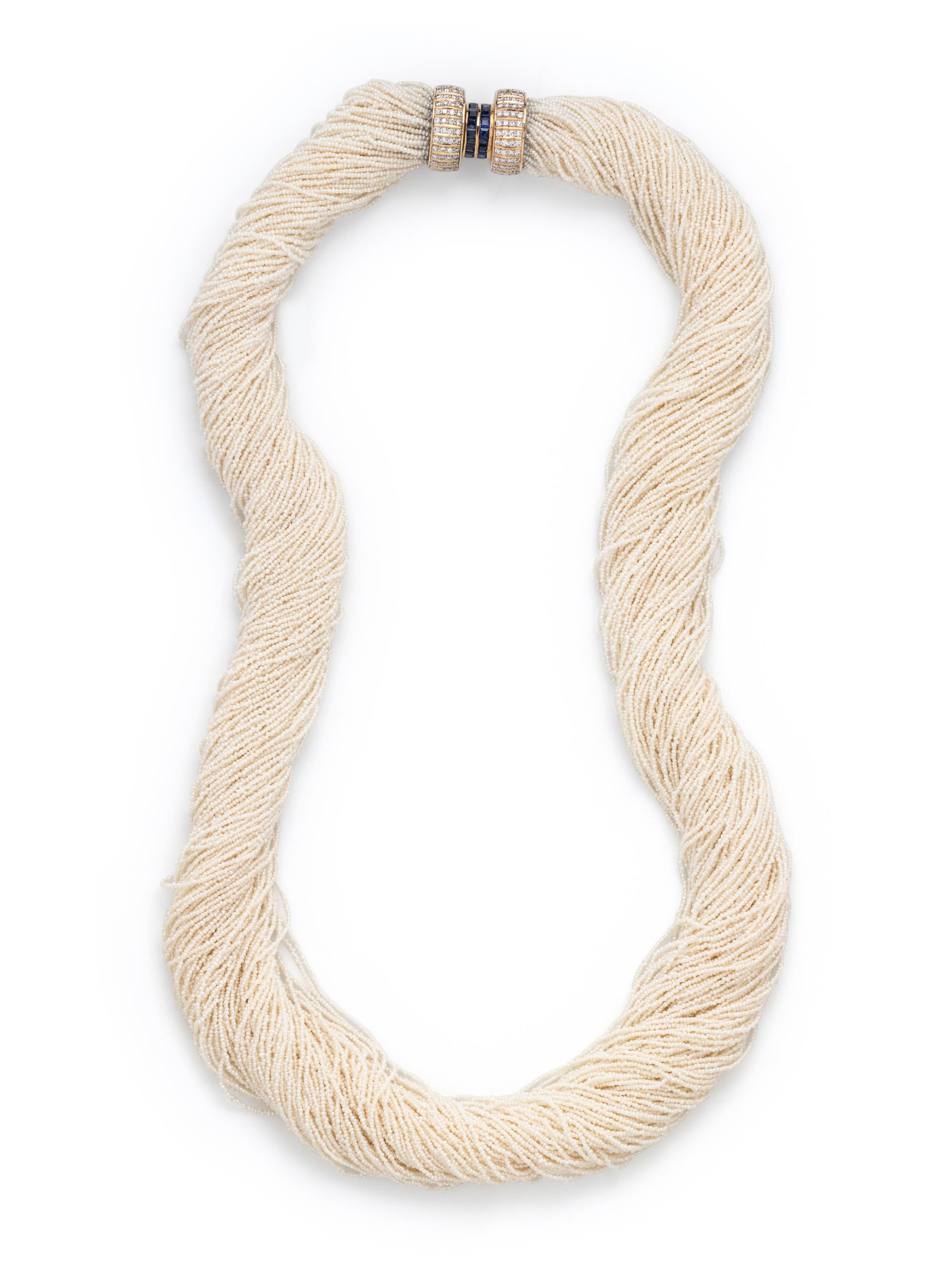 JULIUS COHEN, SEED PEARL, DIAMOND AND SAPPHIRE TORSADE NECKLACE