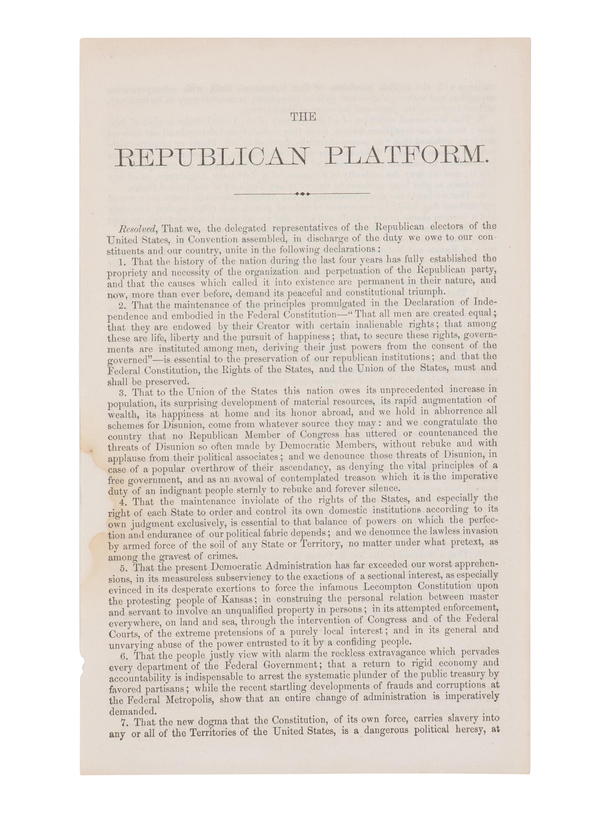 [LINCOLN-HAMLIN CAMPAIGN]. National Republican Platform Adopted by the National Republican Convention, held in Chicago, May 17, 1860 . Chicago: Press & Tribune Office, 1860.