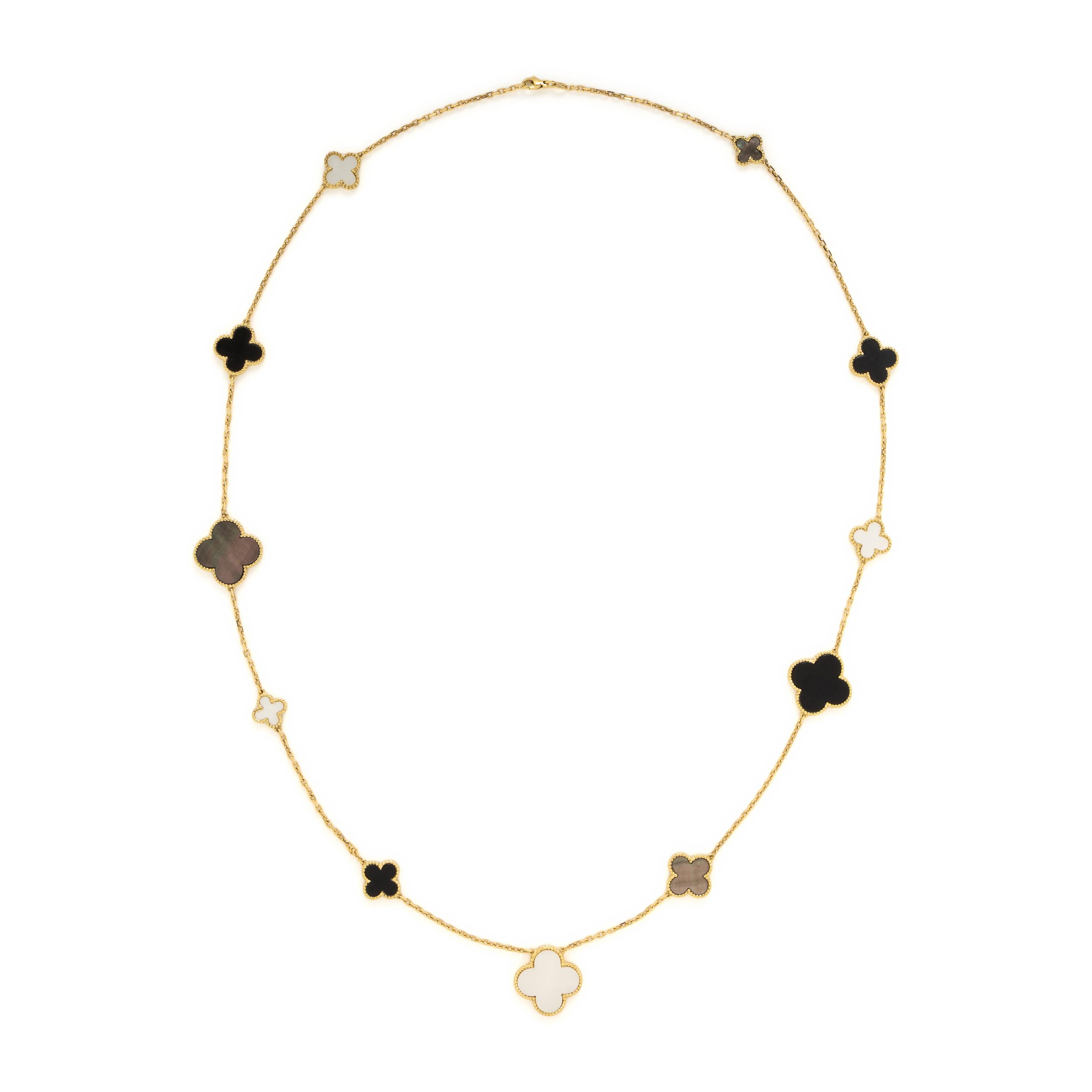 Mother-of-Pearl, Onyx, and Yellow Gold Quatrefoil Necklace