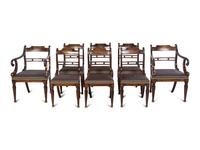 A Set of Eight Regency Brass-Inlaid Faux Grain Dining Chairs