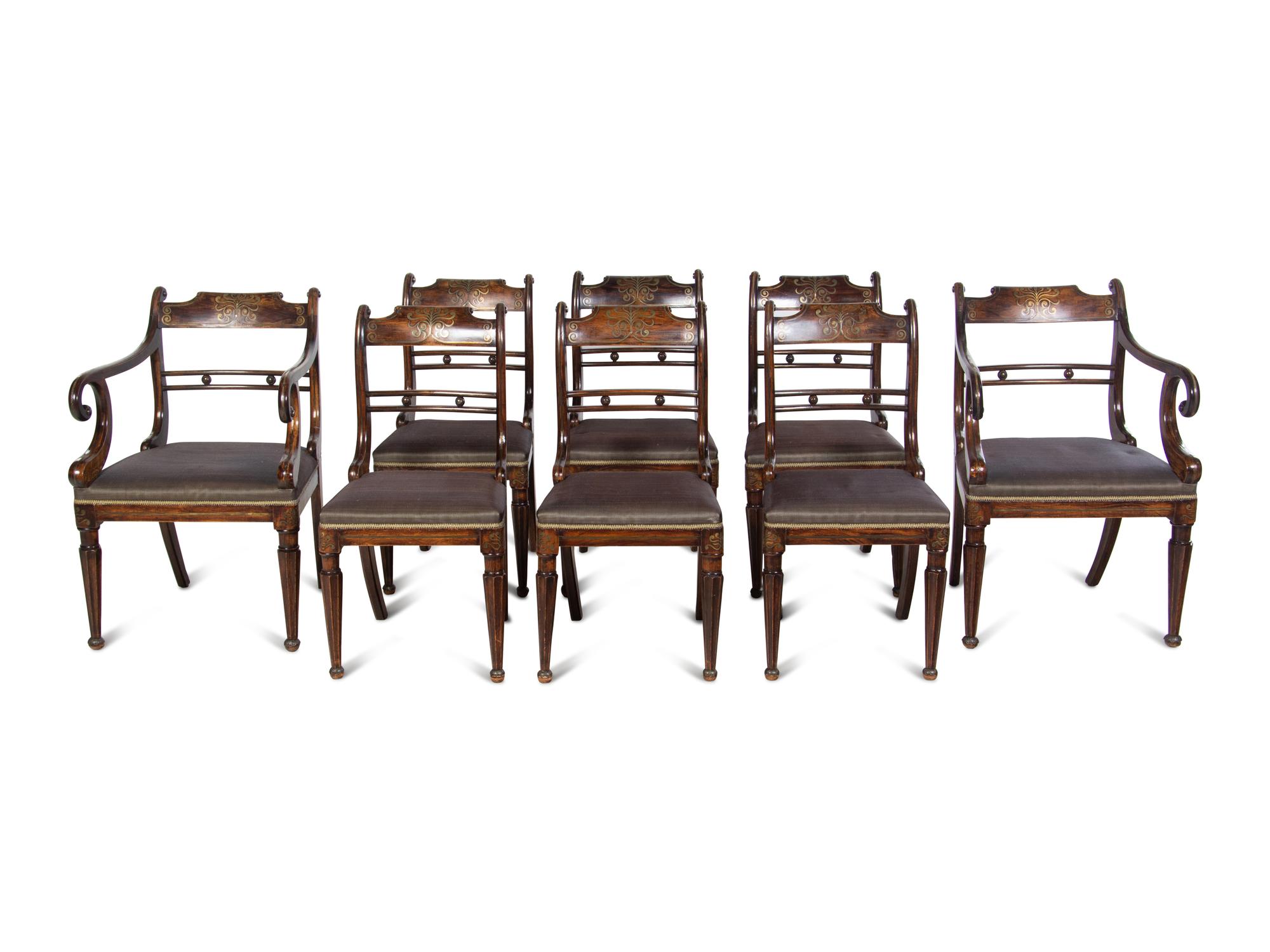 A Set of Eight Regency Brass-Inlaid Faux Grain Dining Chairs