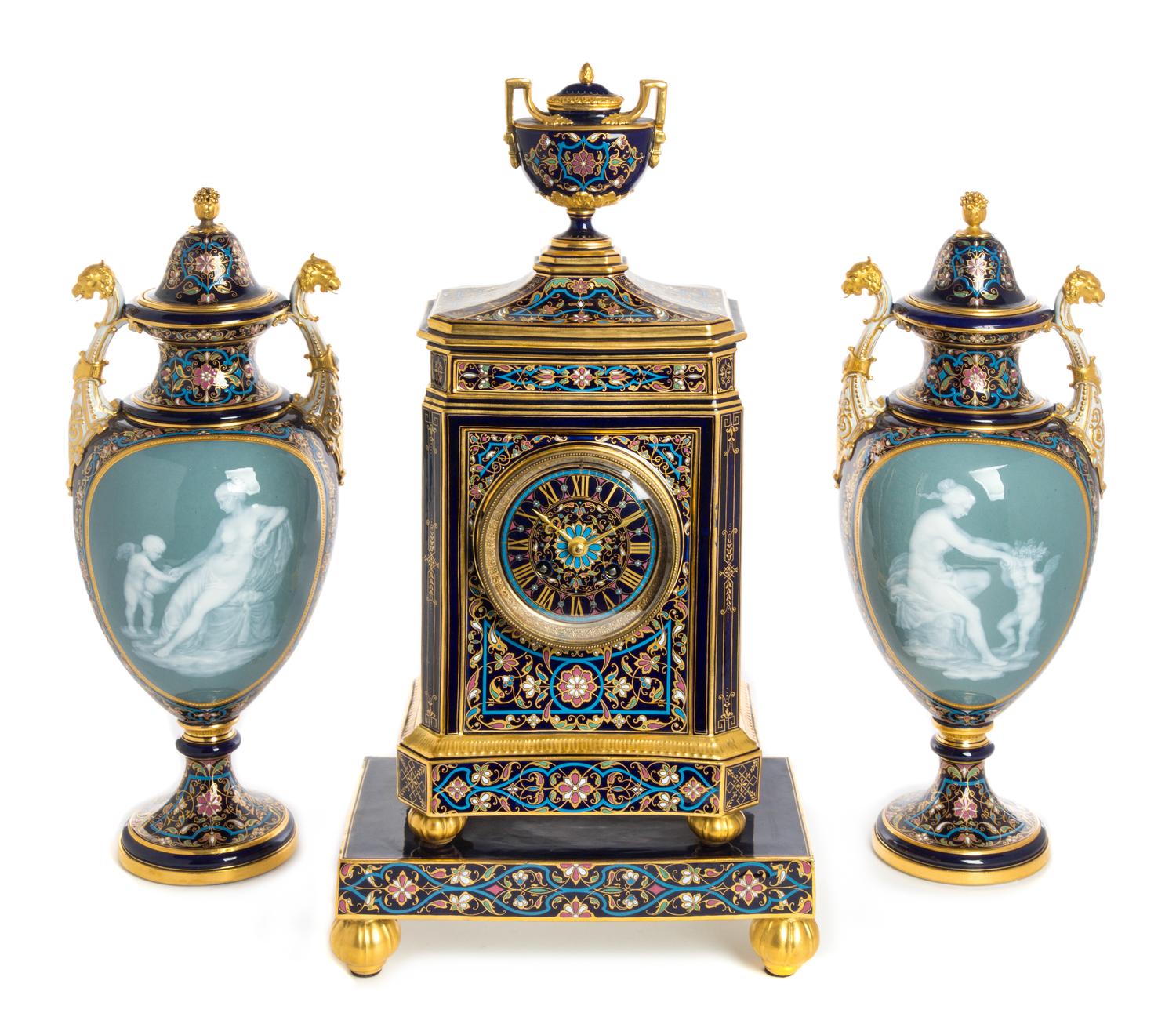 A Meissen Porcelain Pate-sur-Pate Four-Piece Clock Garniture