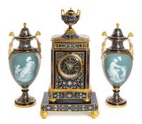 A Meissen Porcelain Pate-sur-Pate Four-Piece Clock Garniture