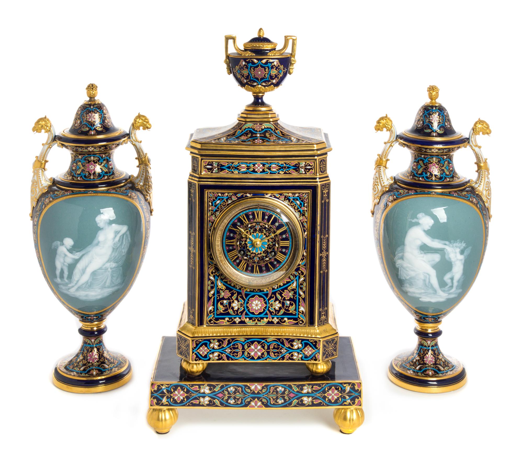 A Meissen Porcelain Pate-sur-Pate Four-Piece Clock Garniture