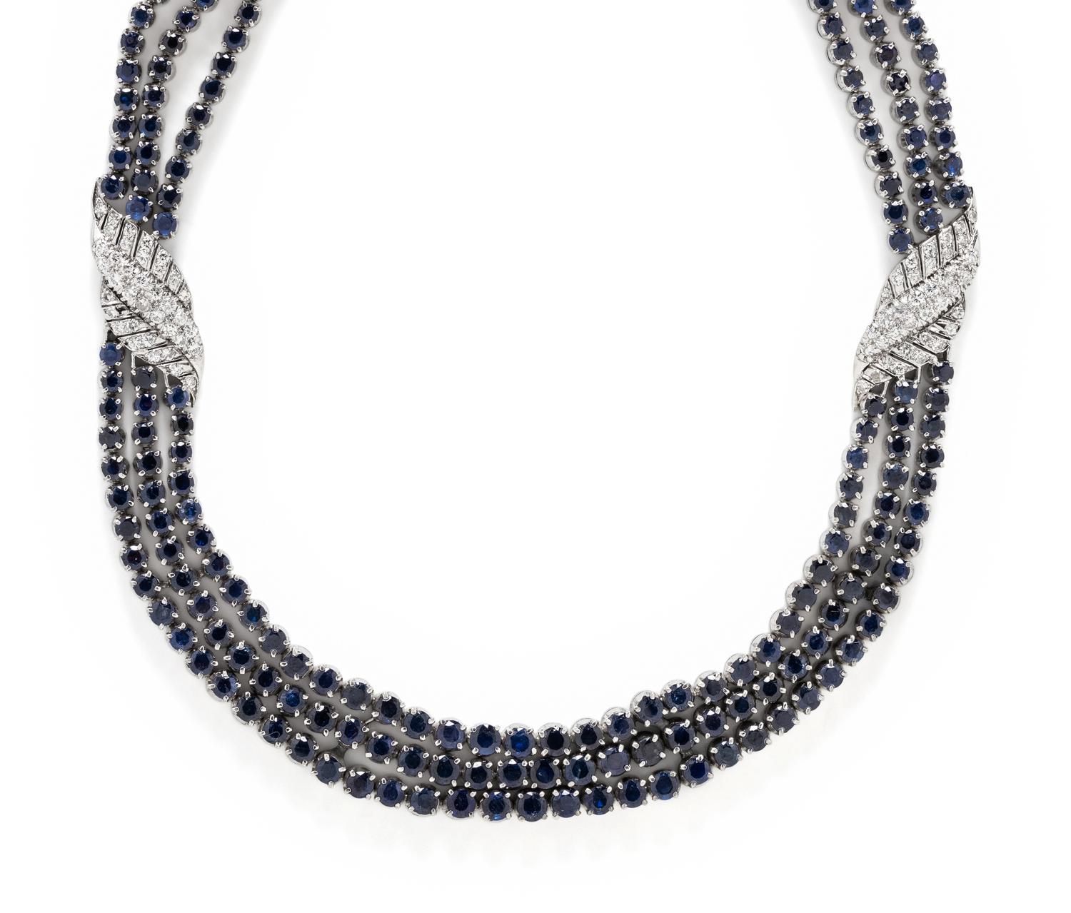 SILVER, SAPPHIRE AND DIAMOND NECKLACE