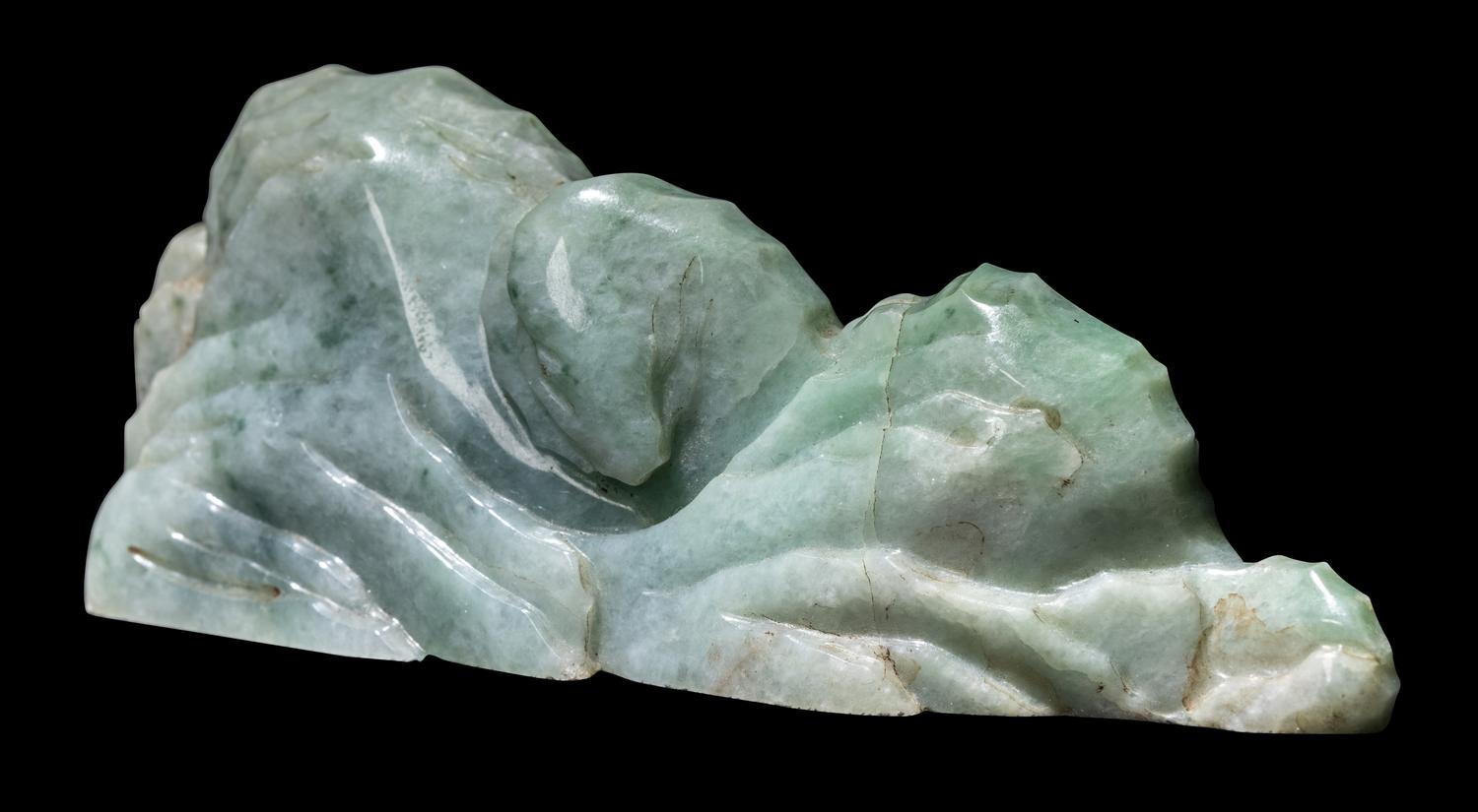 A Chinese Apple Green and Pale Celadon Jadeite Mountain-Form Brush Rest, Bijia