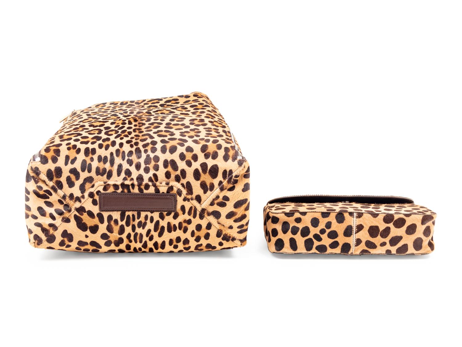 Two Designer Pony Hair Bags: One Céline Leopard Print Tote and One Prada Animal Print Clutch