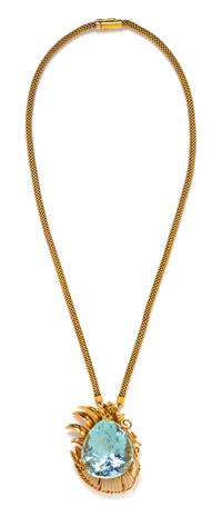 A 14 Karat Rose Gold, Aquamarine and Ruby Pendant/Brooch and 9 Karat Gold Necklace, 45.25 dwts.