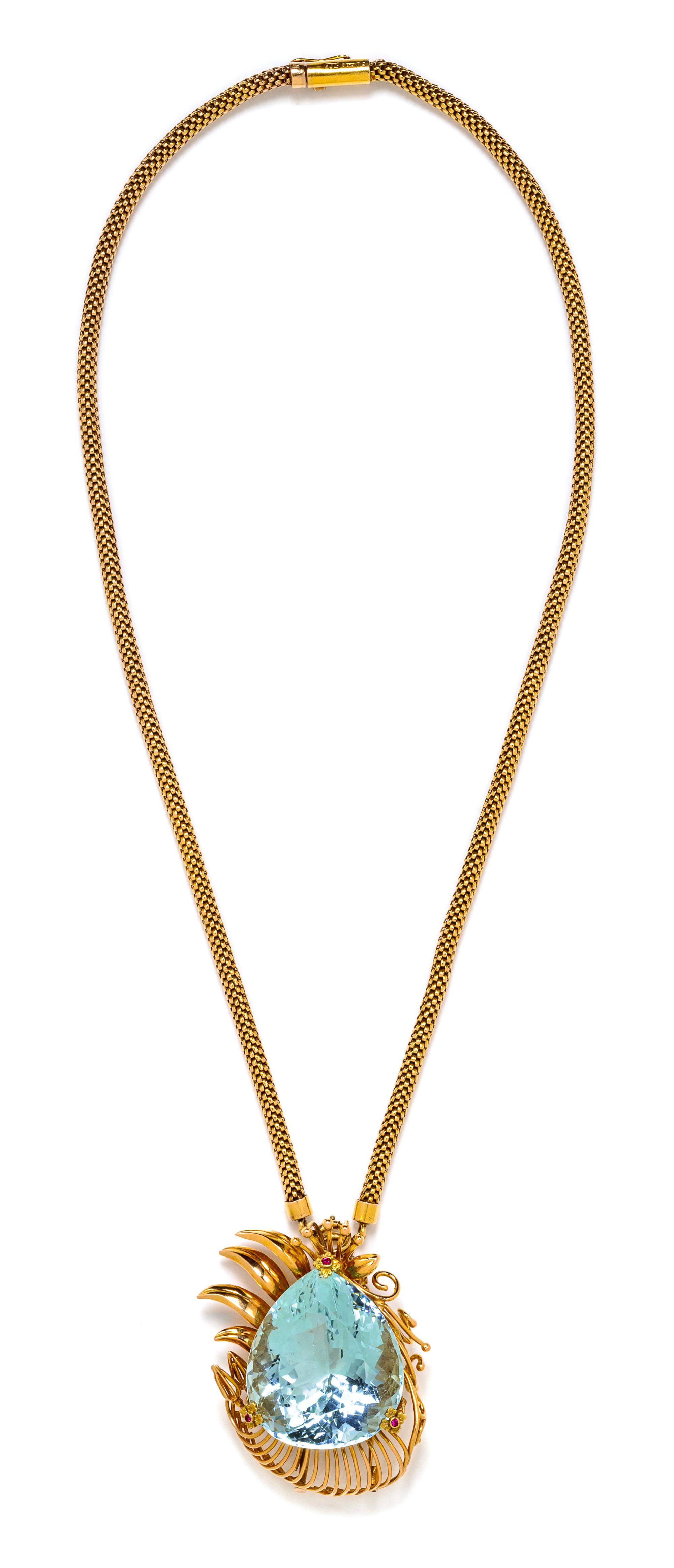 A 14 Karat Rose Gold, Aquamarine and Ruby Pendant/Brooch and 9 Karat Gold Necklace, 45.25 dwts.