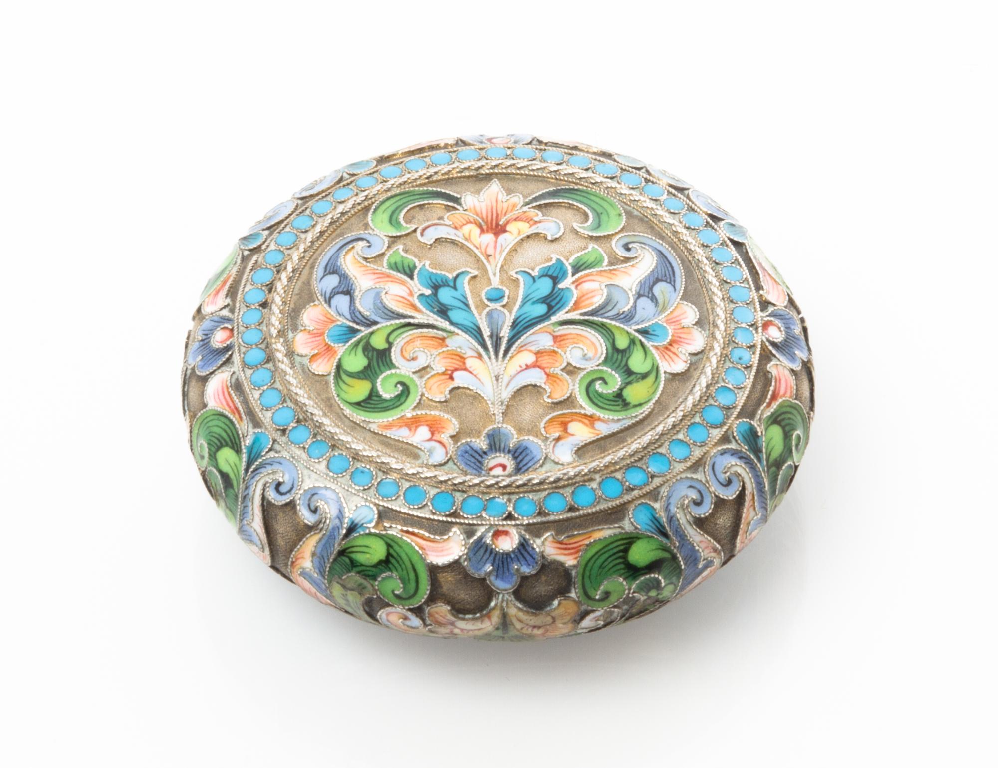 A Russian Silver, Enamel and Porcelain Snuff Box, Maker's mark obscured, kokoshnik mark of Ivan Lebedkin, Moscow, of circular form, the