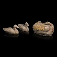 Three Chinese Painted Grey Pottery Figures of Ducks, Han Dynasty — 漢 灰陶彩繪大陶鴨三隻