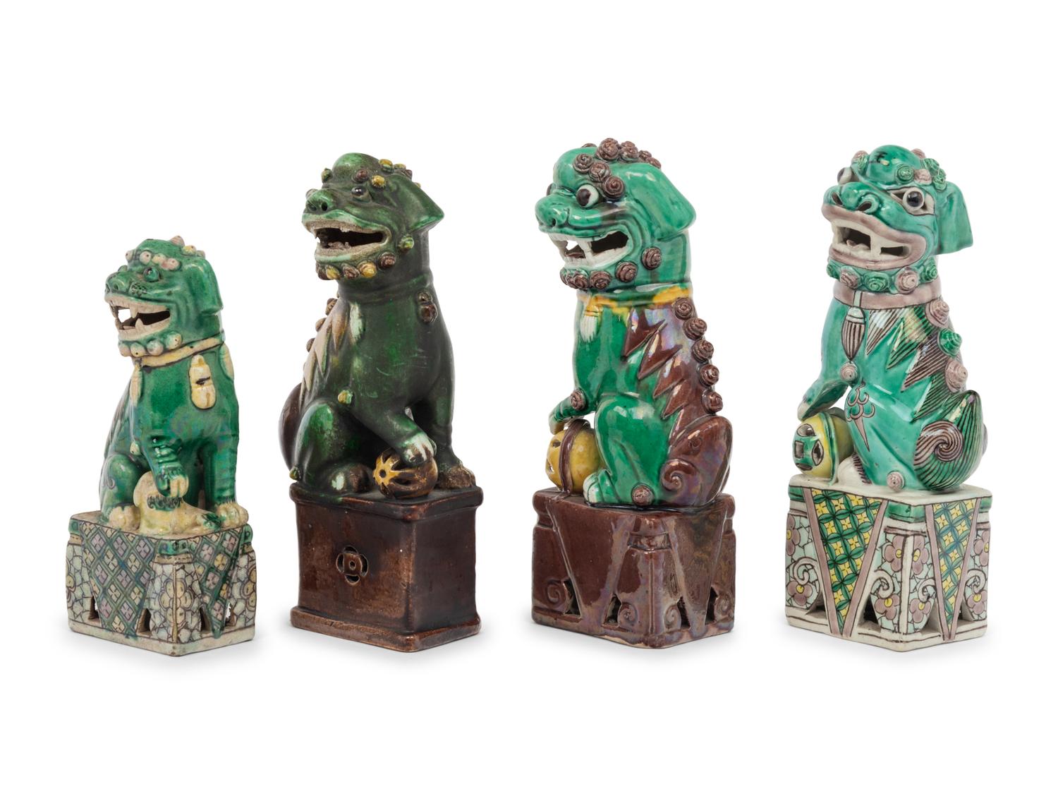 Six Chinese Famille Verte Porcelain Figures of Fu Lions