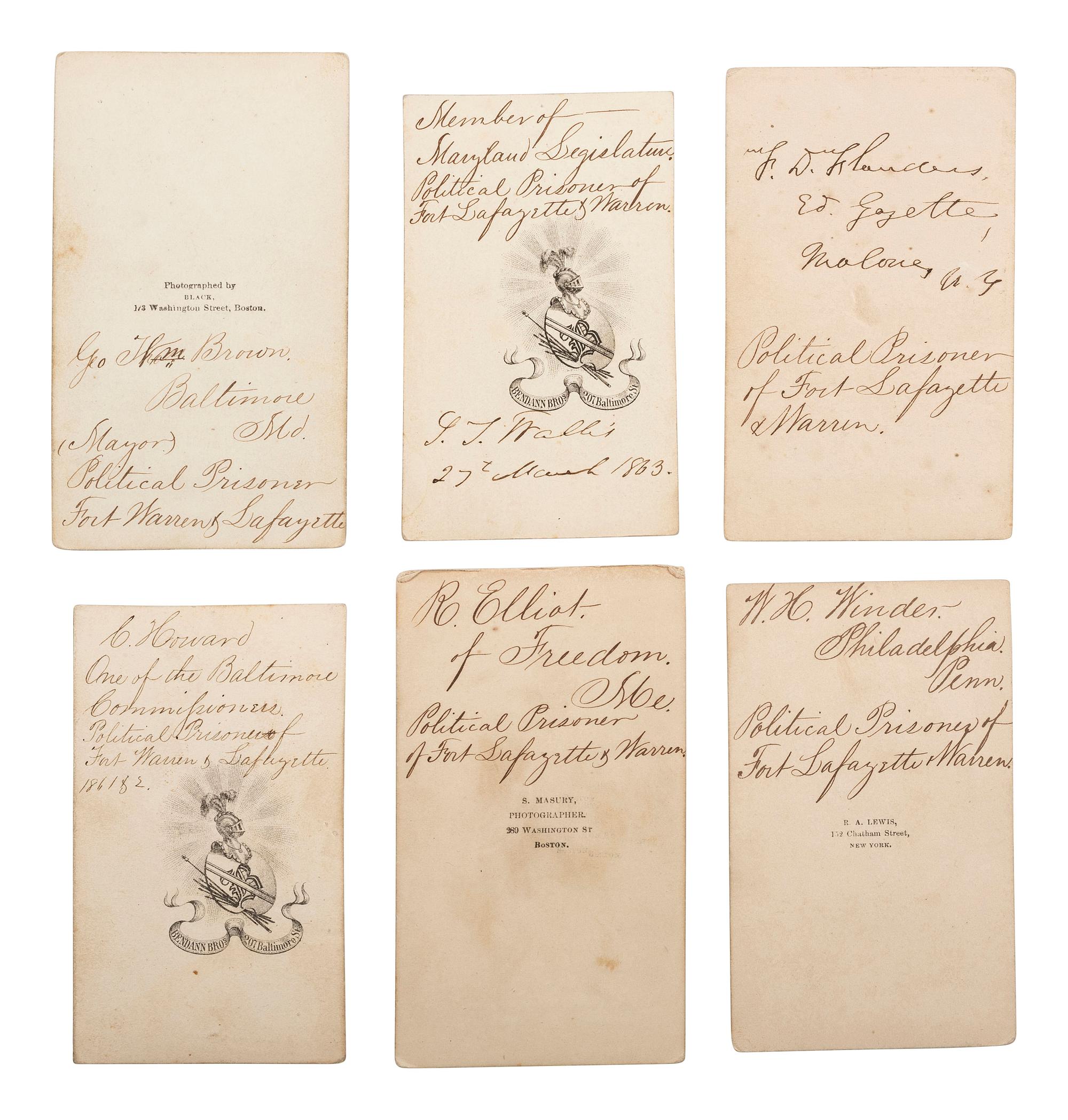 [CIVIL WAR]. A group of 6 CDVs of identified statesmen who served as political prisoners at Forts Lafayette and Warren during the war.