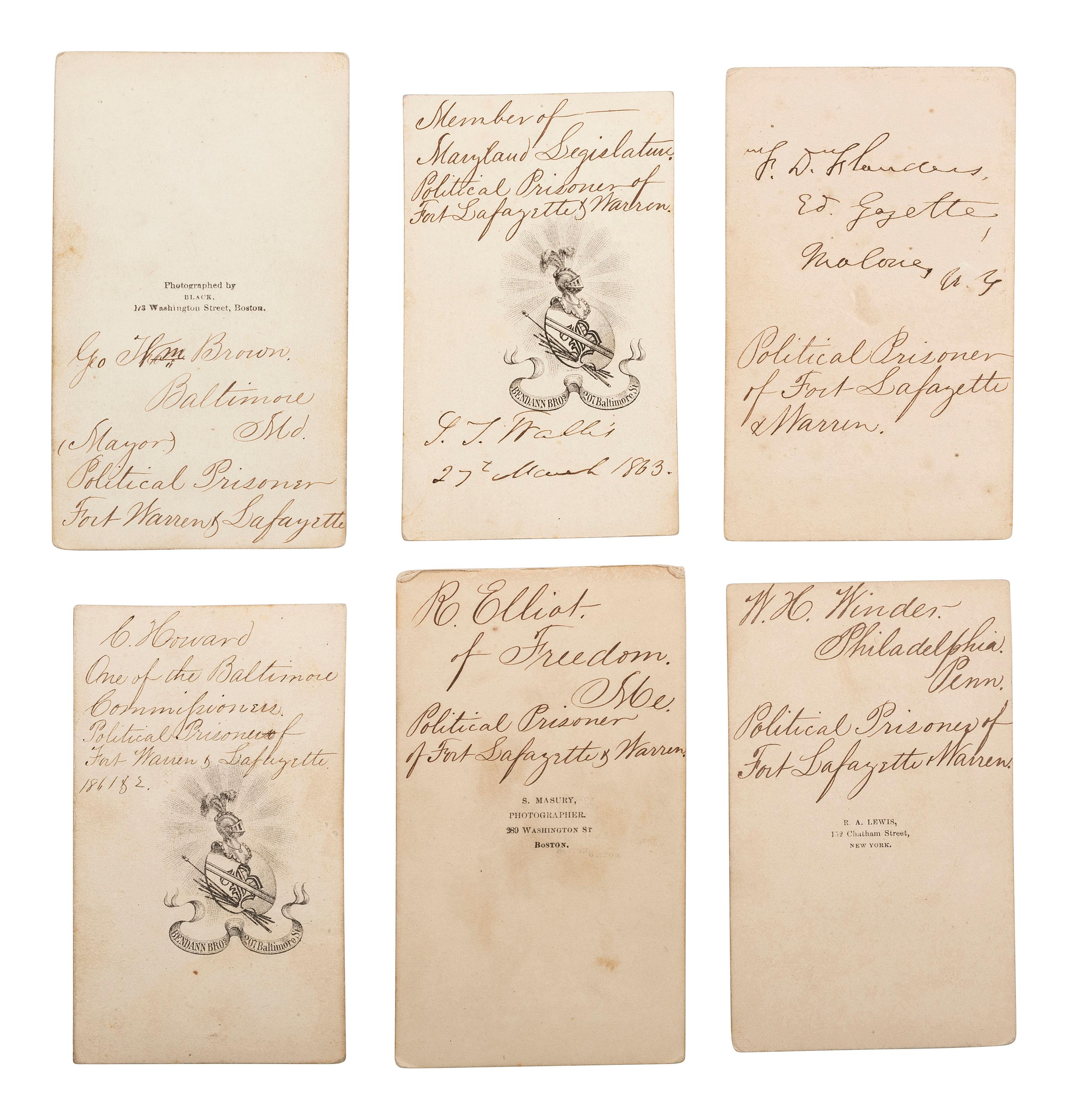 [CIVIL WAR]. A group of 6 CDVs of identified statesmen who served as political prisoners at Forts Lafayette and Warren during the war.