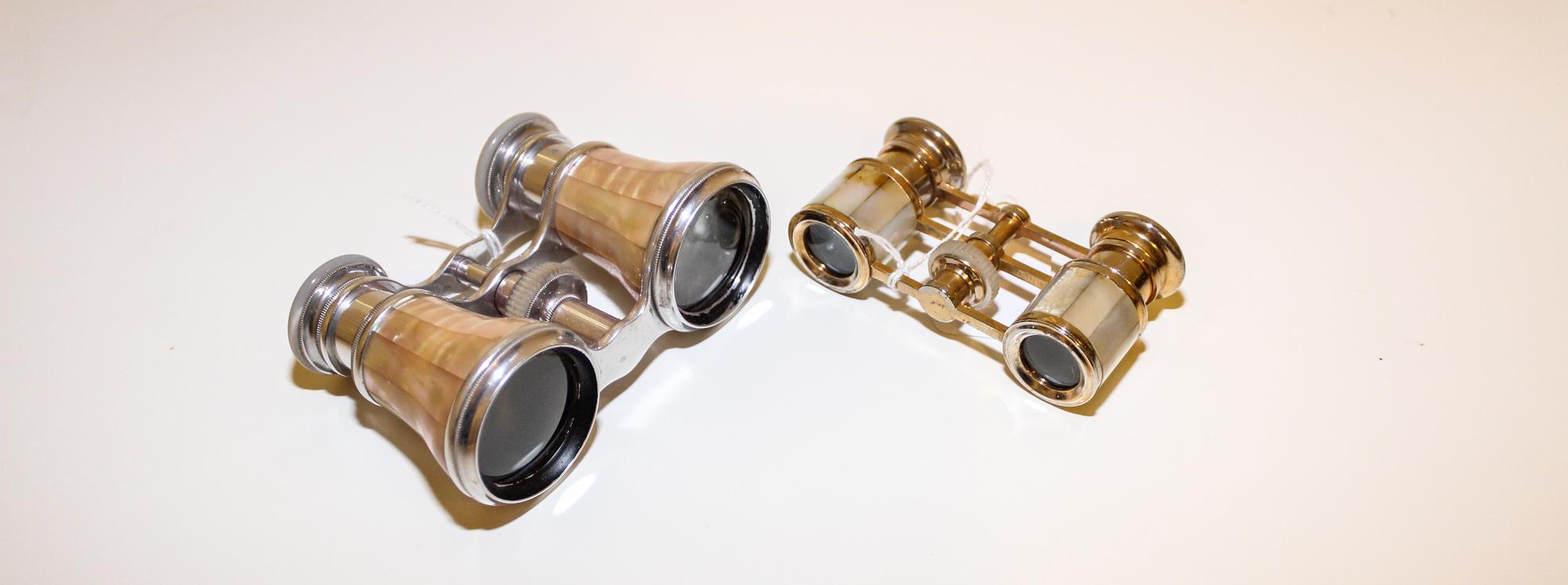 Two Pairs of French Mother-of-Pearl Veneered Opera Glasses Width of widest 4 1/4 inches. — EARLY 20TH CENTURY