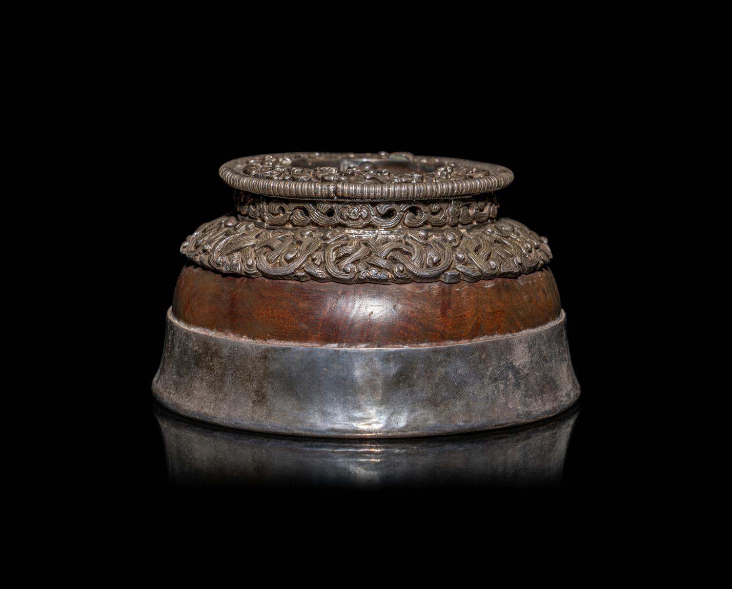 A Tibetan Silver Mounted Burlwood Bowl