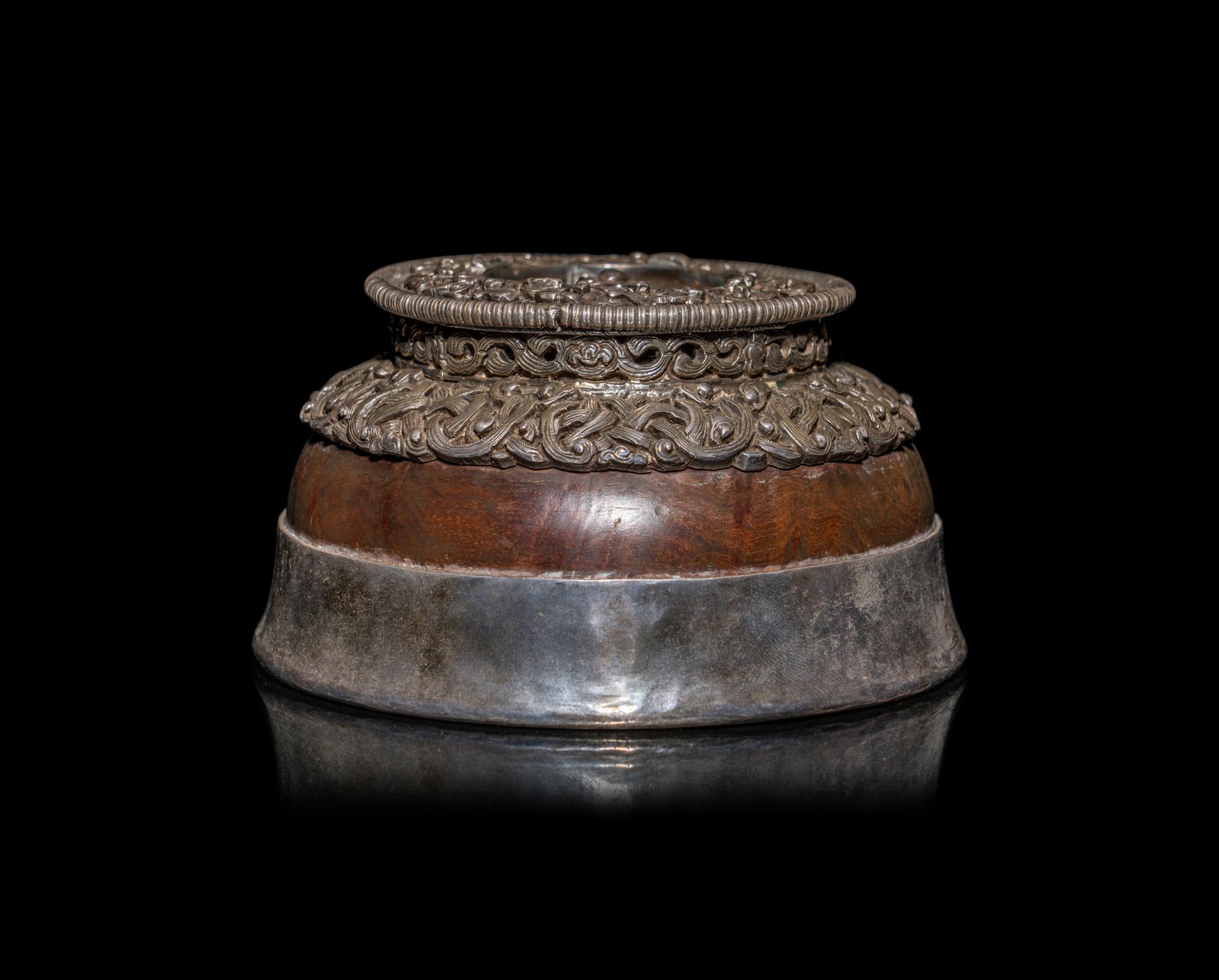 A Tibetan Silver Mounted Burlwood Bowl