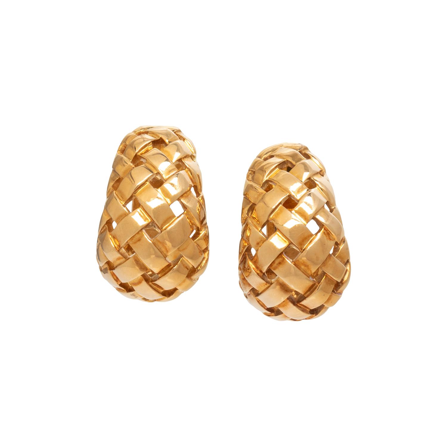 TIFFANY & CO., YELLOW GOLD 'VANNERIE' BASKETWEAVE CLIP EARRINGS