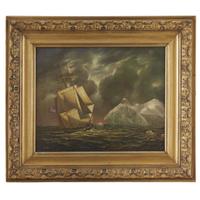 American School 19th century Ship Flying the American Flag in Rough Waters