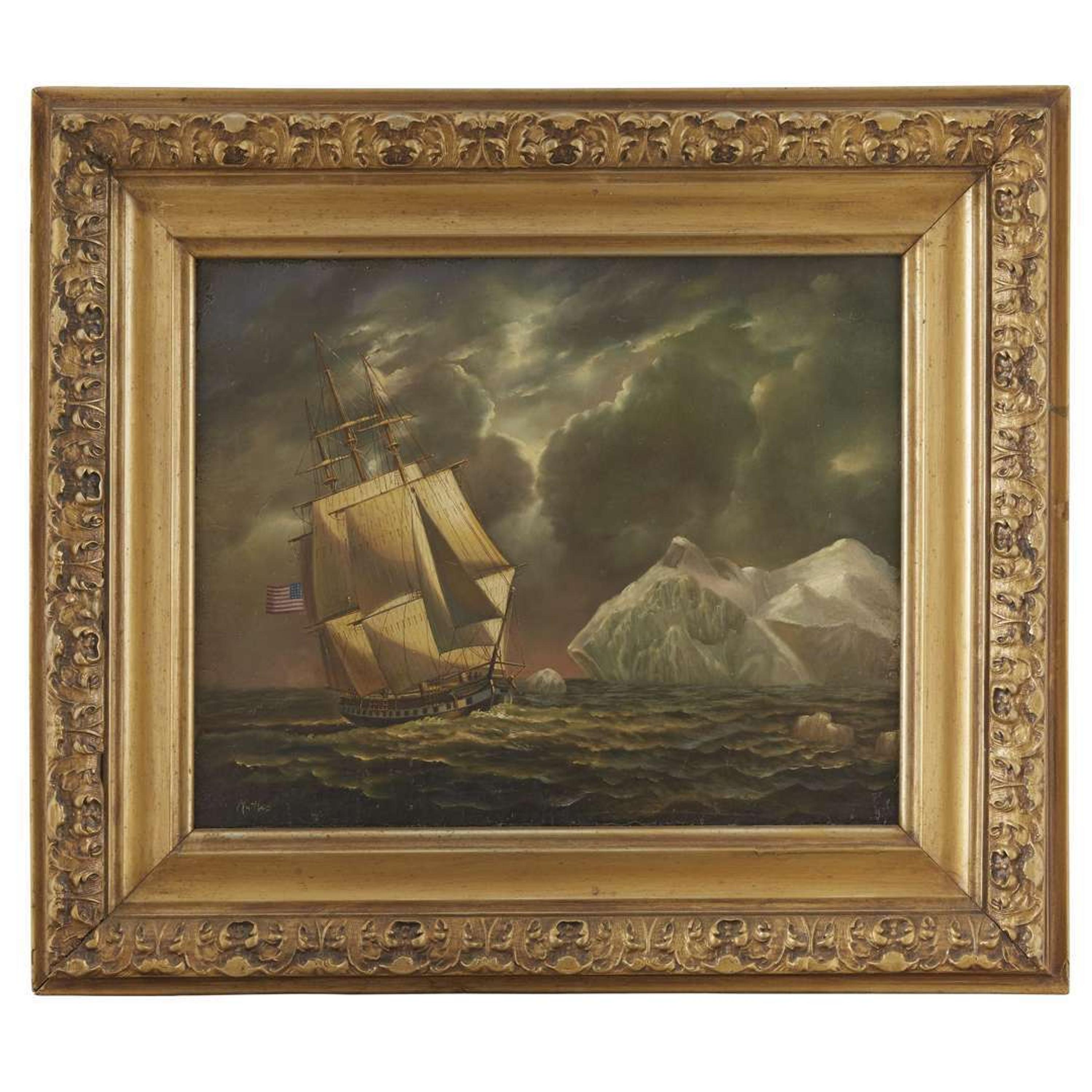American School 19th century Ship Flying the American Flag in Rough Waters