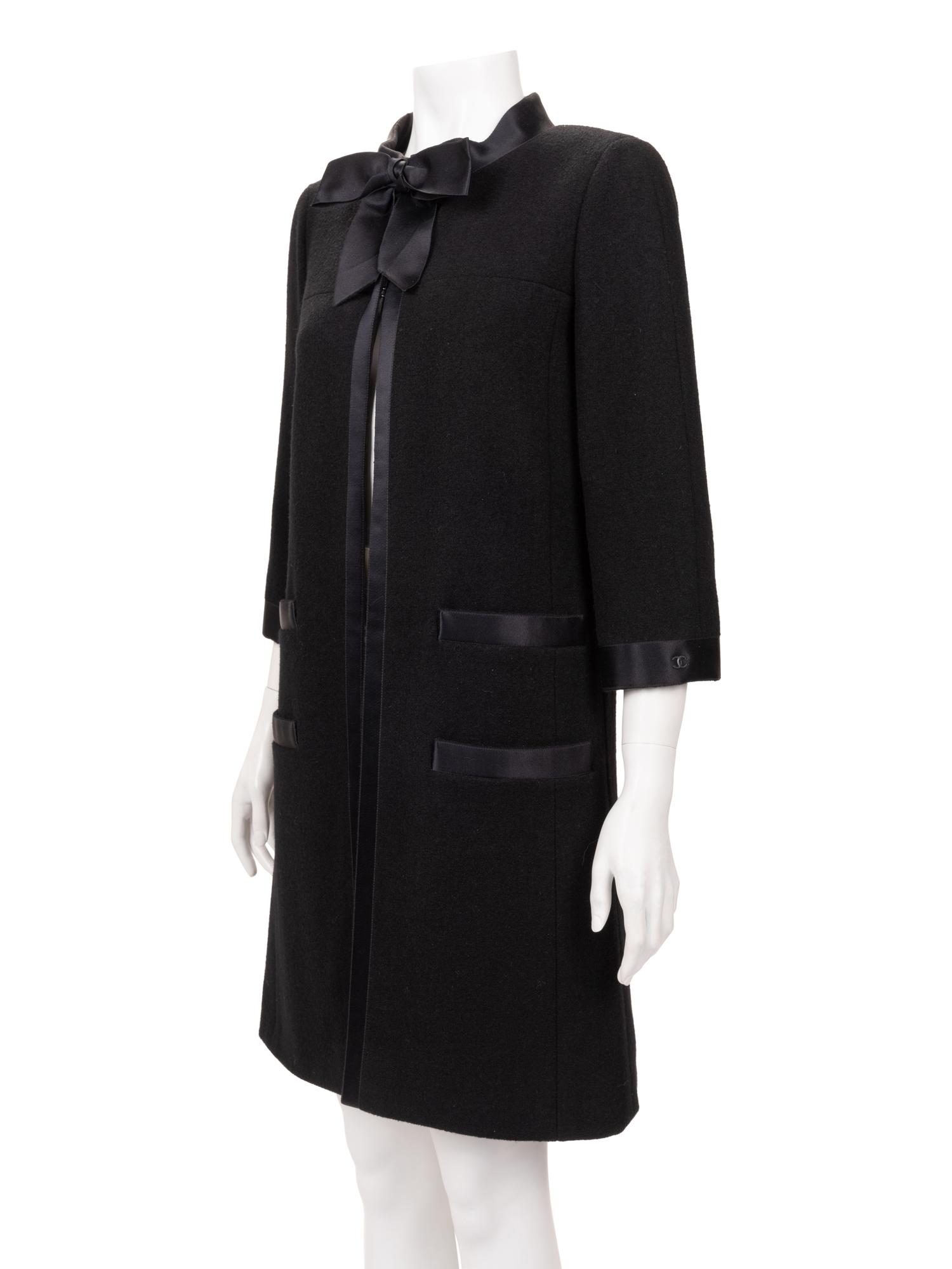 Chanel Wool Coat with Satin Trim and Bow, 1990-2000s