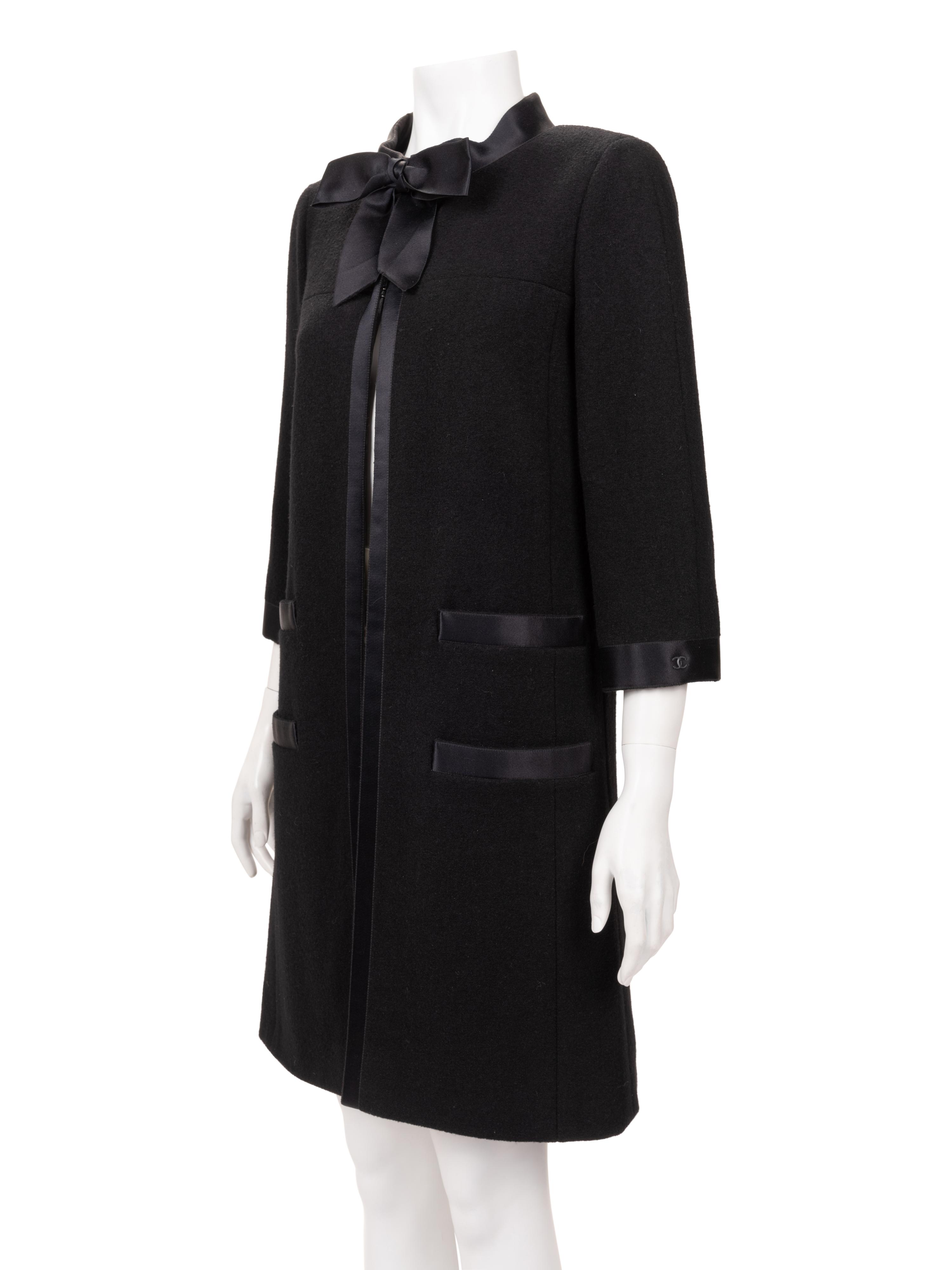 Chanel Wool Coat with Satin Trim and Bow, 1990-2000s