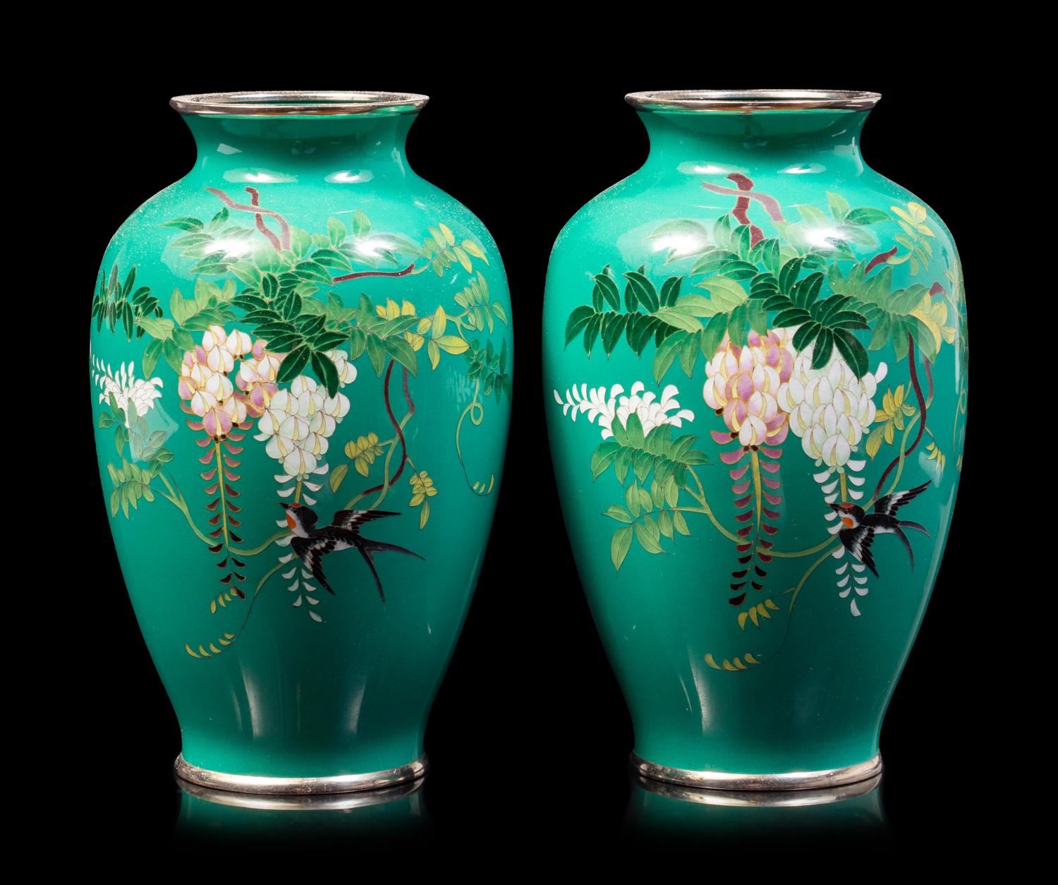 A Pair of Green Ground Cloisonné Vases