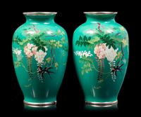 A Pair of Green Ground Cloisonné Vases