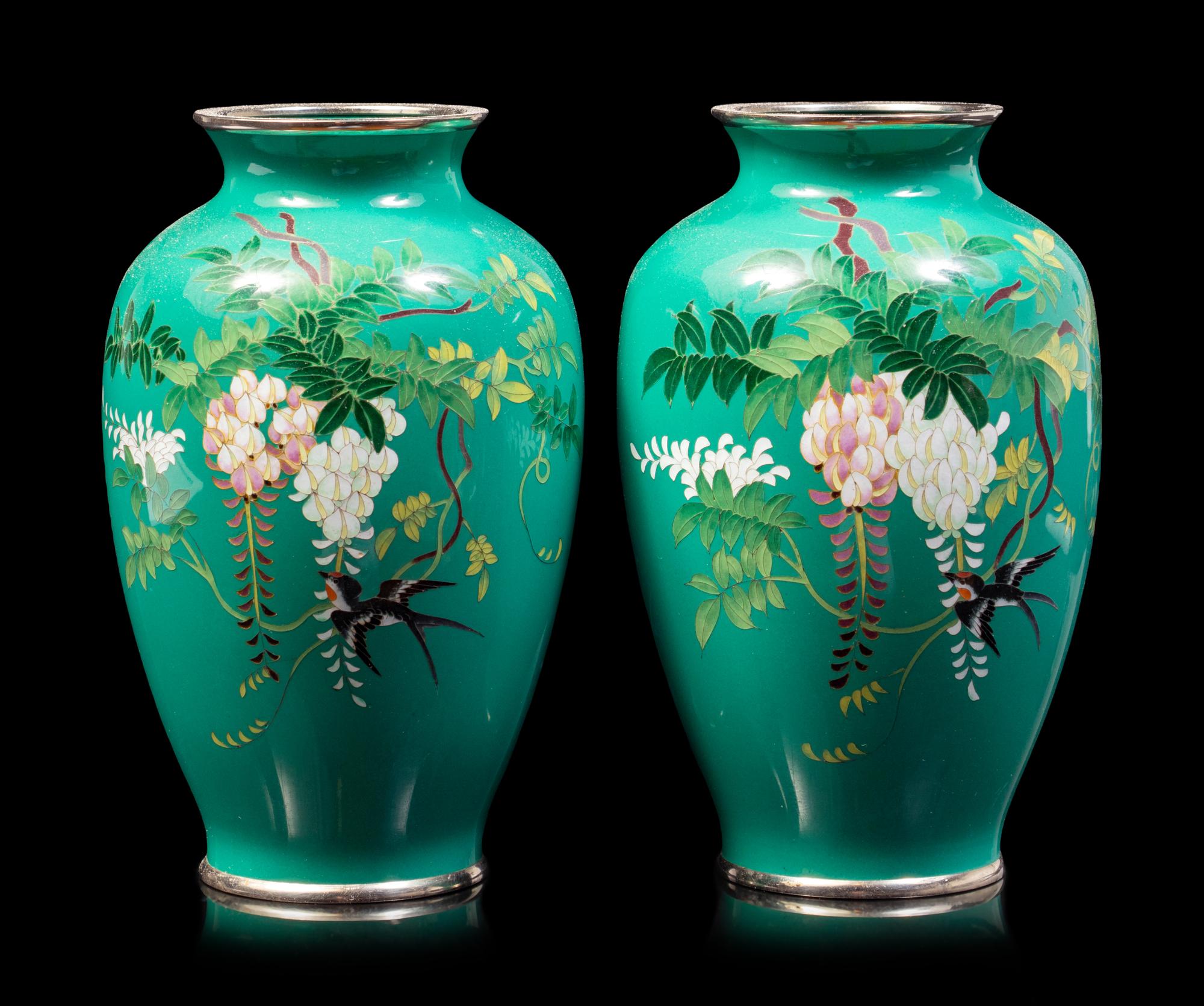 A Pair of Green Ground Cloisonné Vases