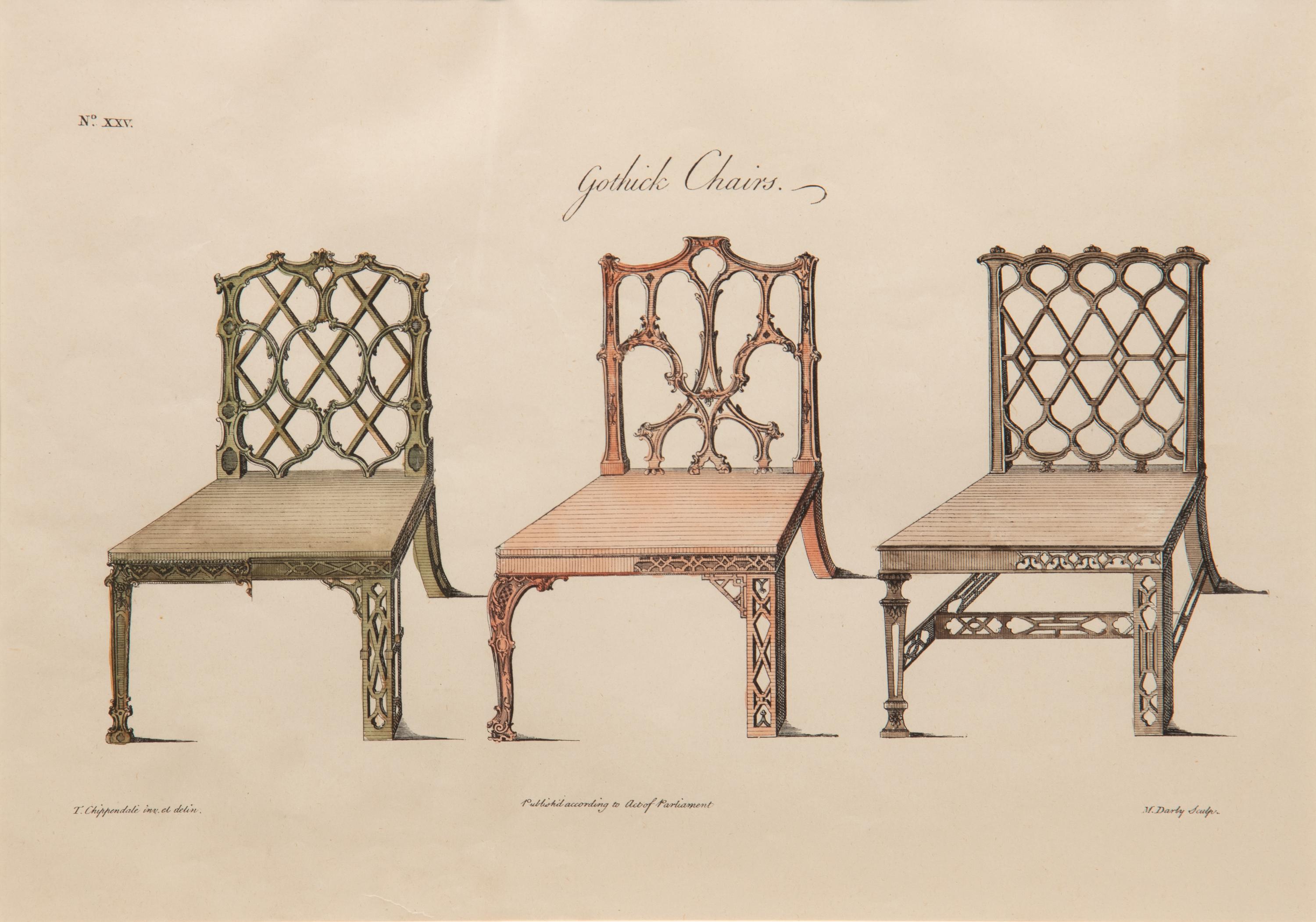 A Set of Eleven Giltwood-Framed French Colored Furniture Engravings