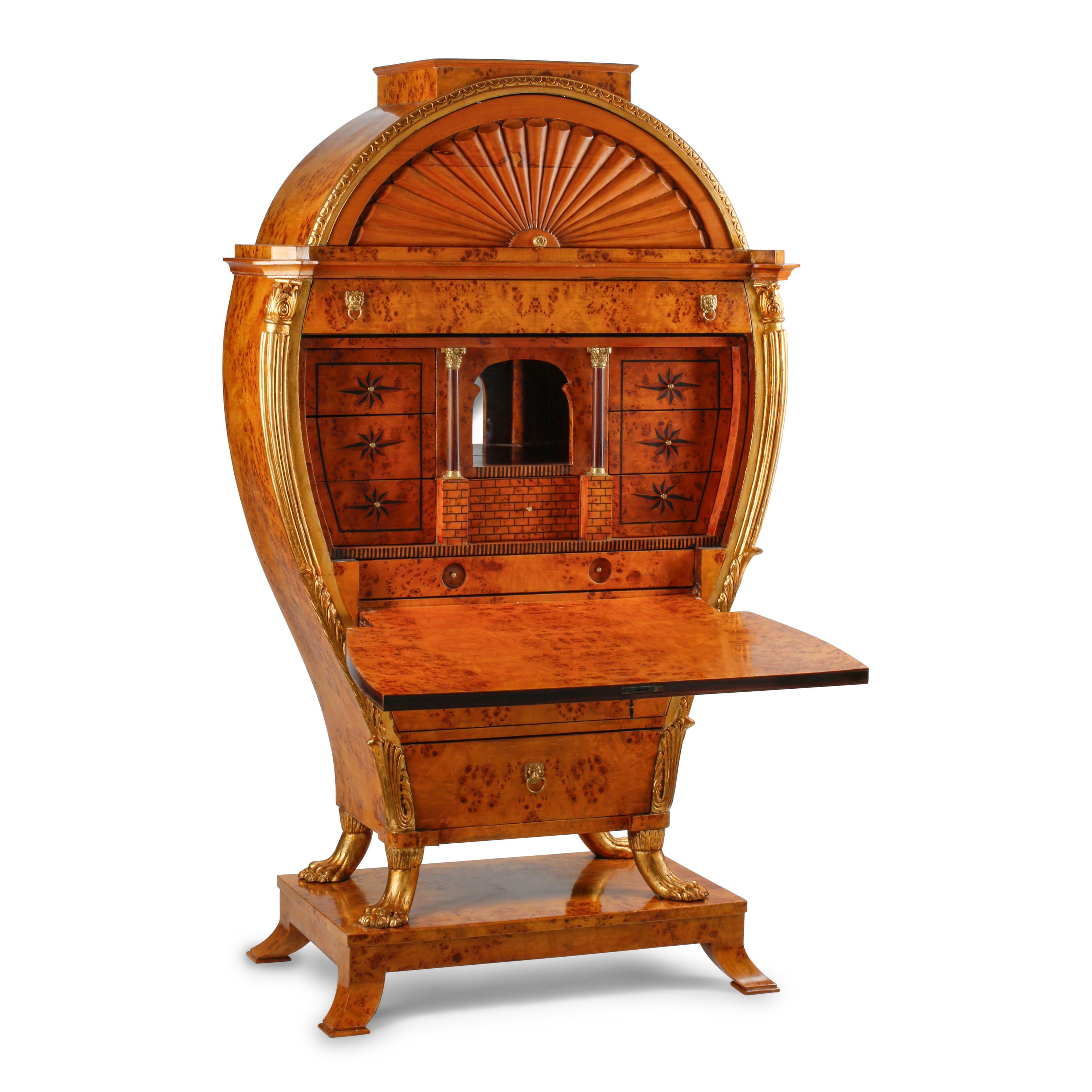 A Biedermeier Style Burlwood and Parcel Gilt Bureau Cabinet