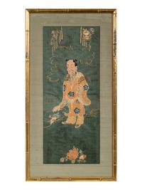 Two Chinese Blue Ground Embroidered Silk Panels