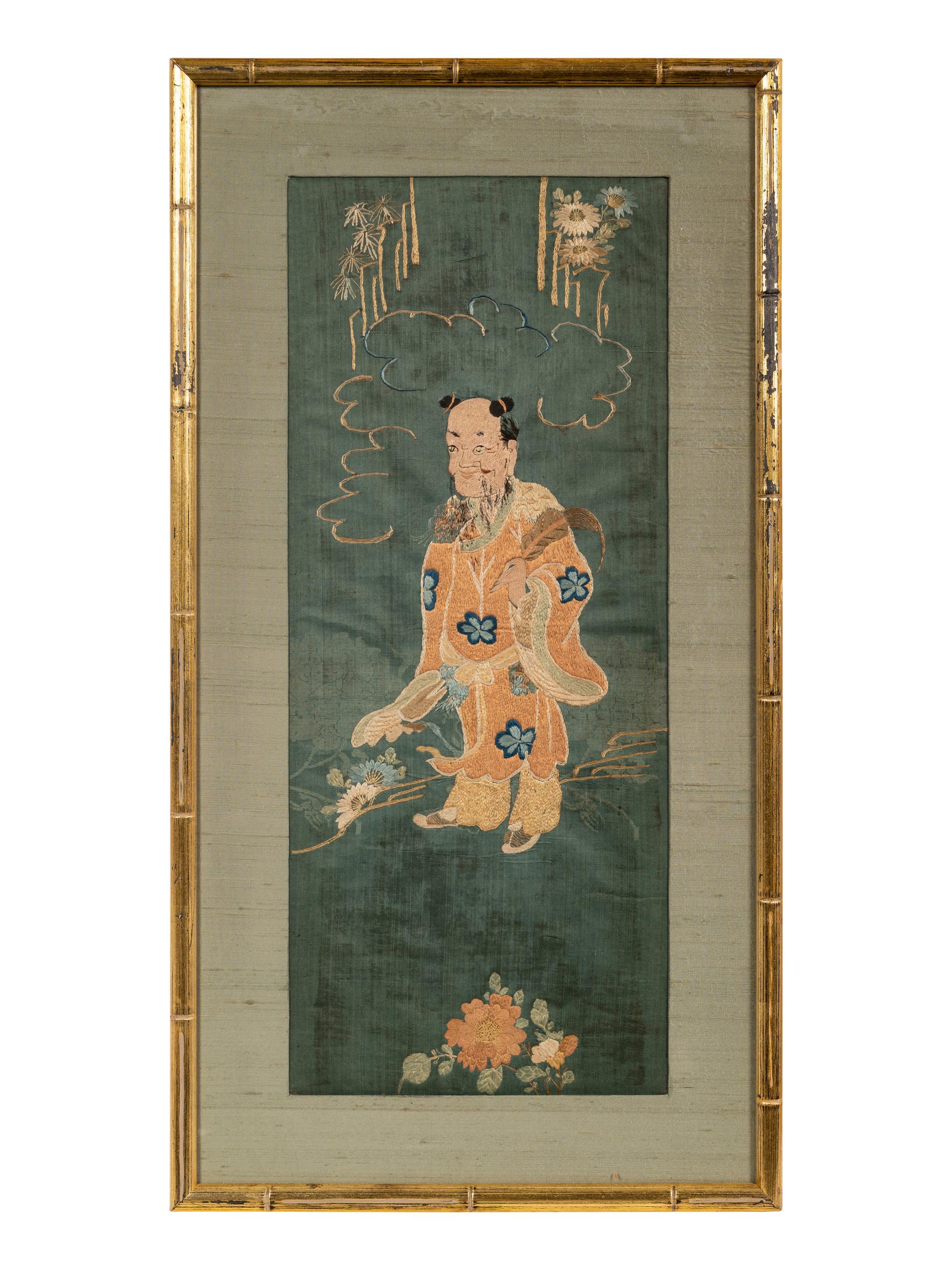 Two Chinese Blue Ground Embroidered Silk Panels